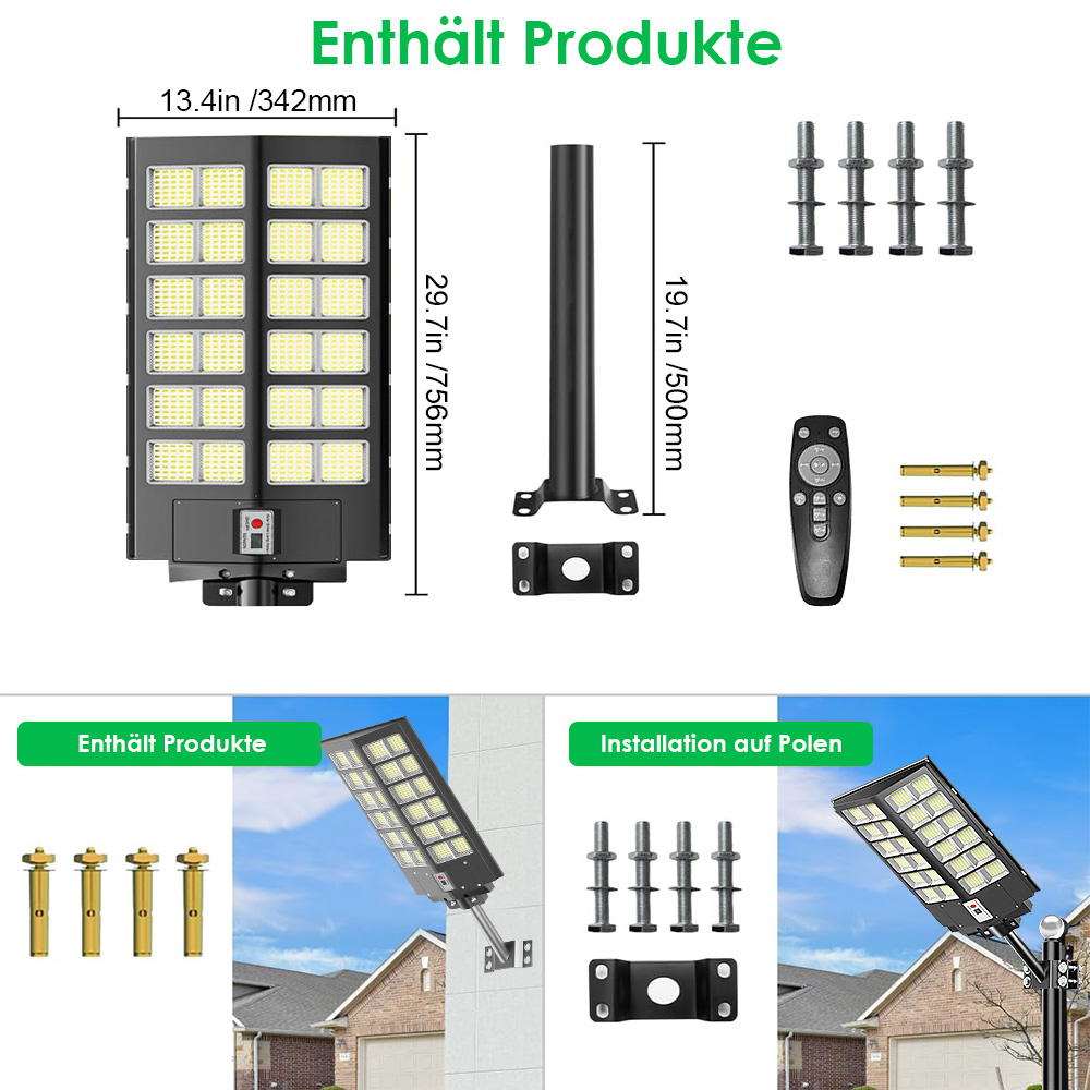 Solarleuchte mit Fernbedienung, Halterung und Montagematerial.