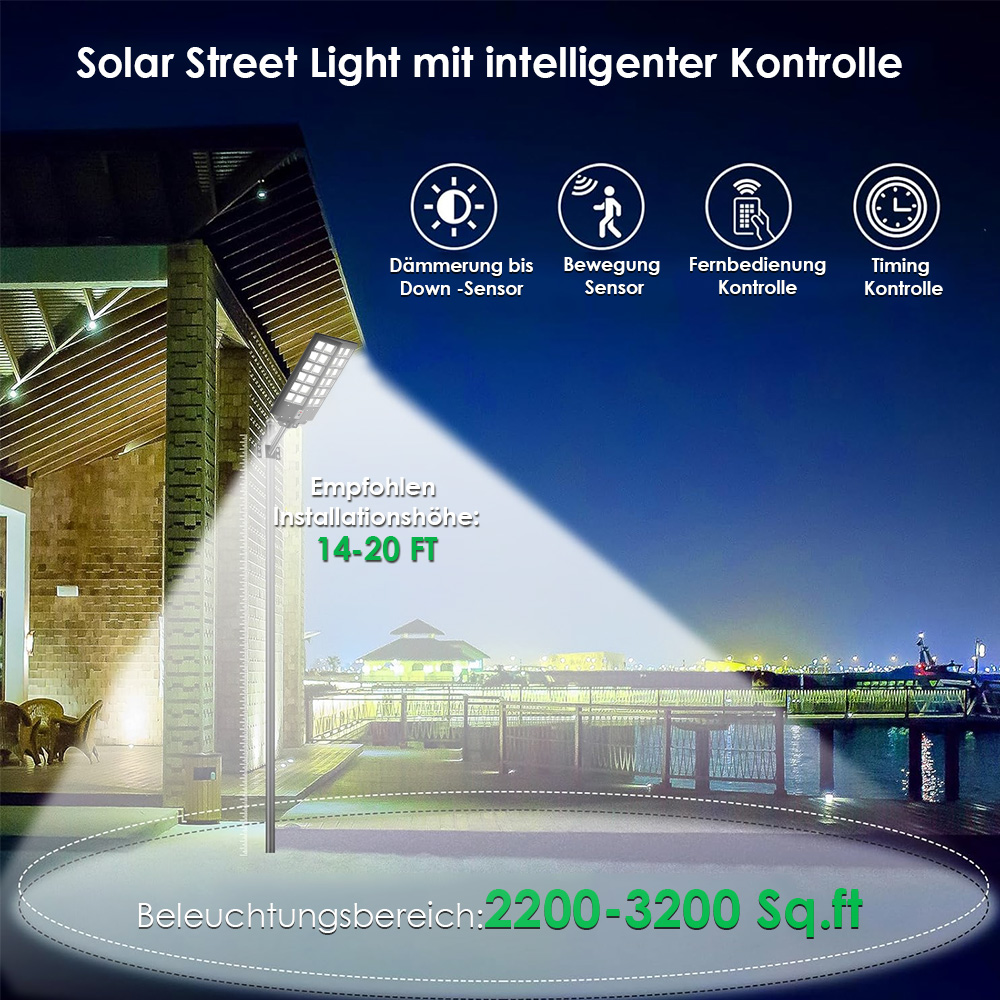 Solarstraßenlaterne mit intelligenter Steuerung beleuchtet Bereich von 2200-3200 qm.
