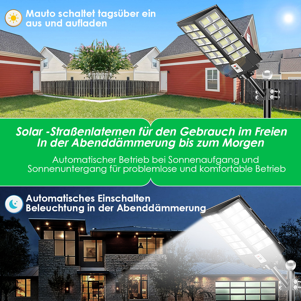 Solar-Straßenlaterne leuchtet vor einem Haus bei Nacht. Tagsüber lädt sie auf.