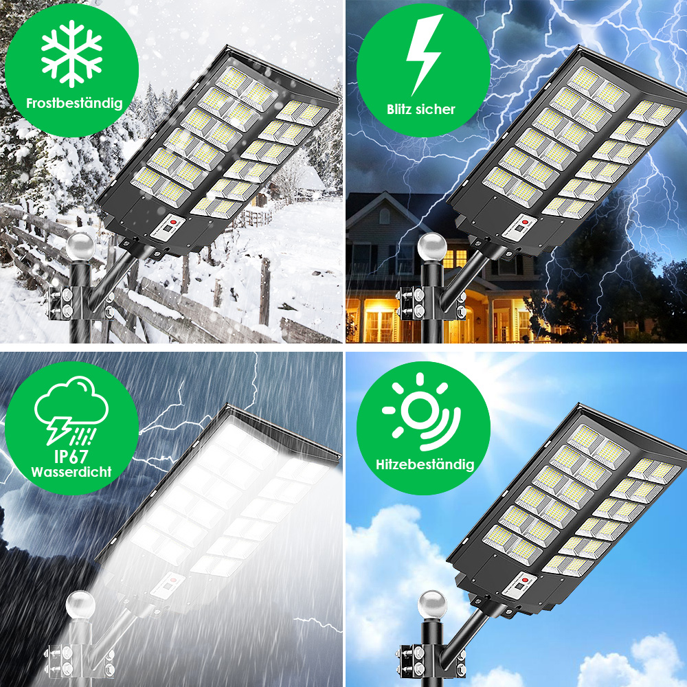 Vier Szenen zeigen eine Solarleuchte: Frost, Blitz, Regen und Sonne.