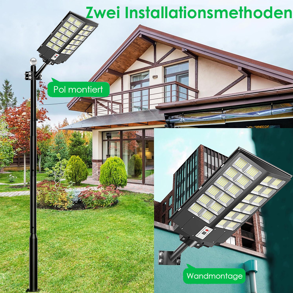 Solarleuchte auf Mast und Wand montiert, neben Haus und Gebäude.