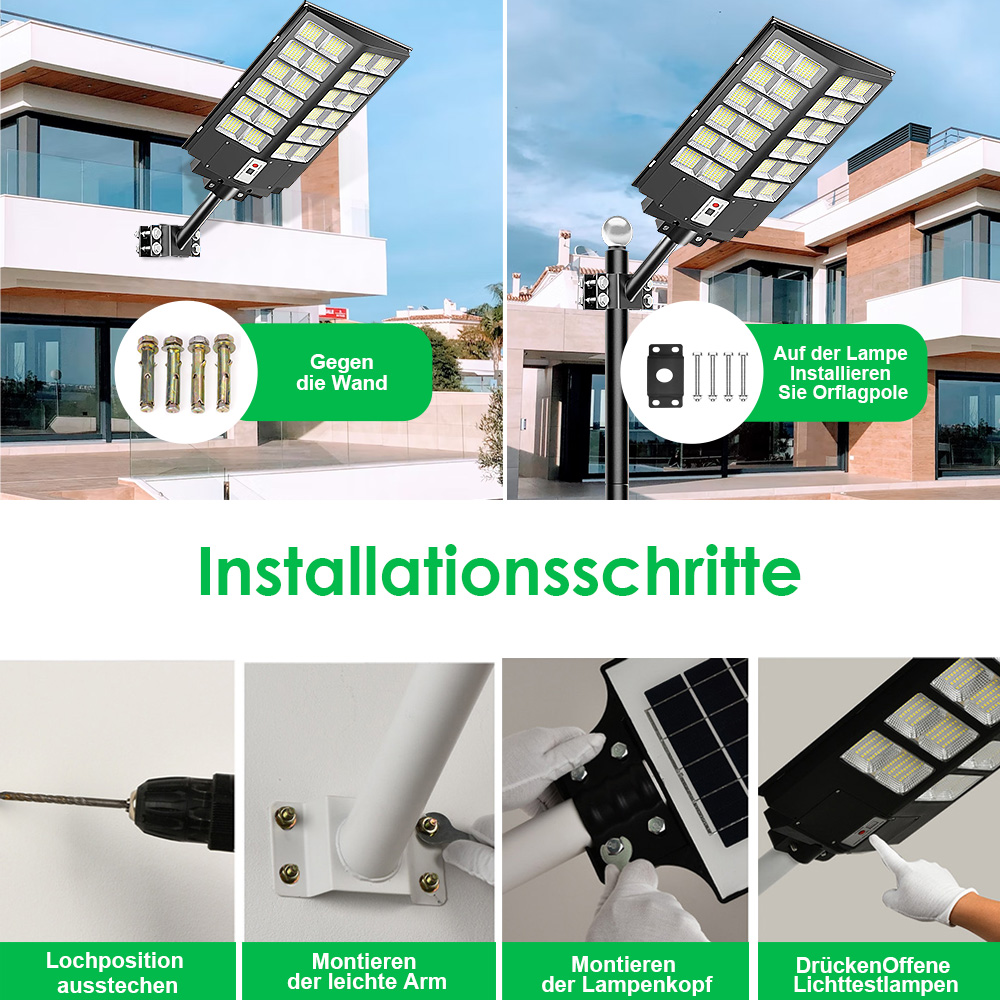 Installationsschritte für Solarleuchten: Wandmontage oder Mastmontage.