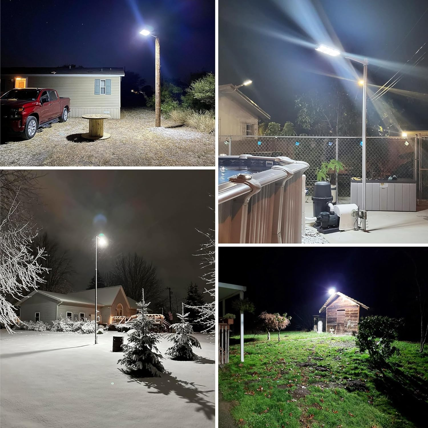 Nachtszene: Solarstraßenlaterne beleuchtet einen Hof mit Haus, LKW und Holzspule.