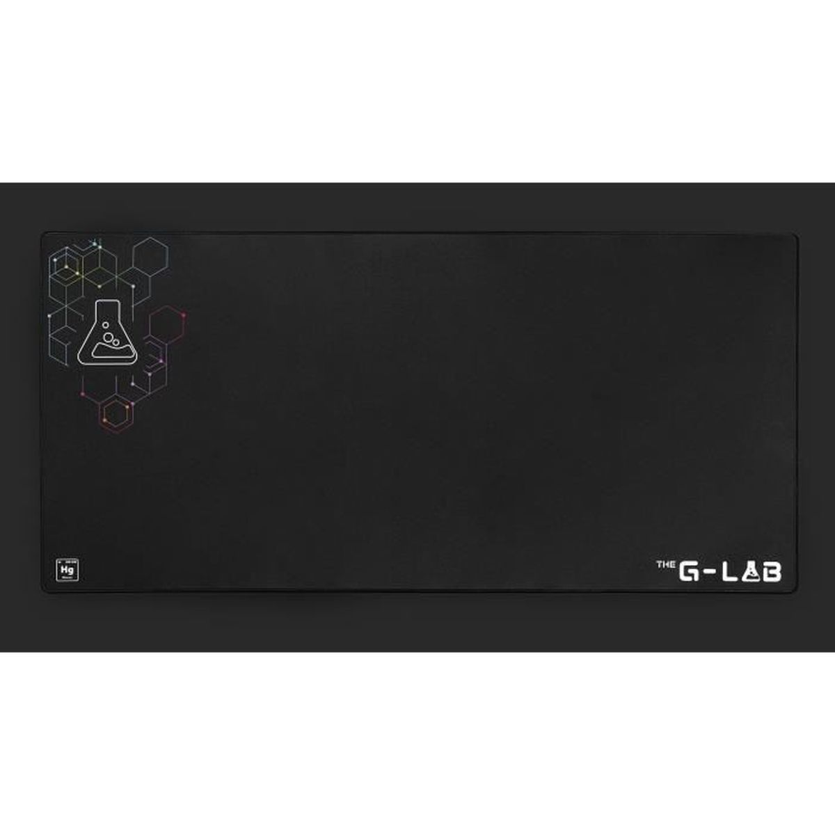 Schwarzes Mauspad mit chemischem Symbol und G-LAB-Logo.