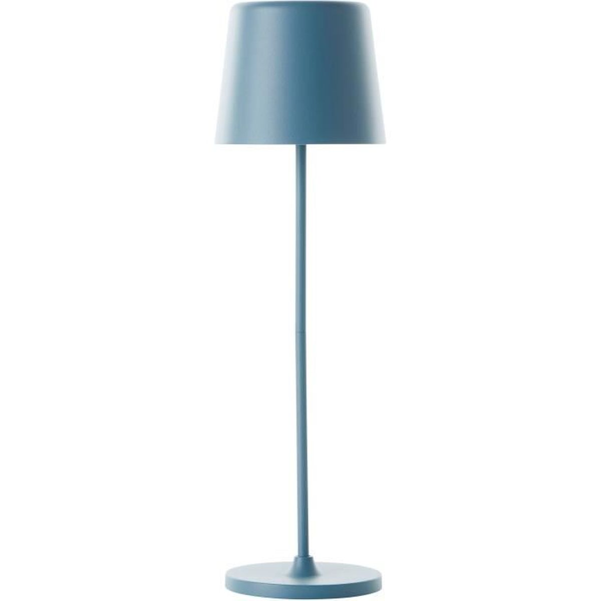 Eine schlanke, blaue Stehleuchte mit einem Lampenschirm und einem runden Fuß.