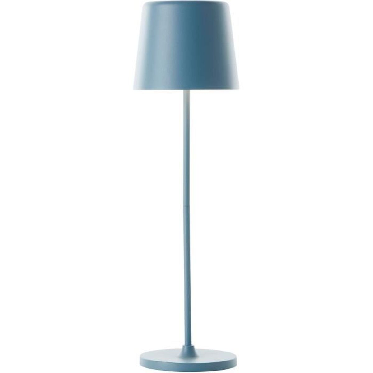 Eine blaue Stehleuchte mit rundem Sockel und kegelförmigem Schirm.