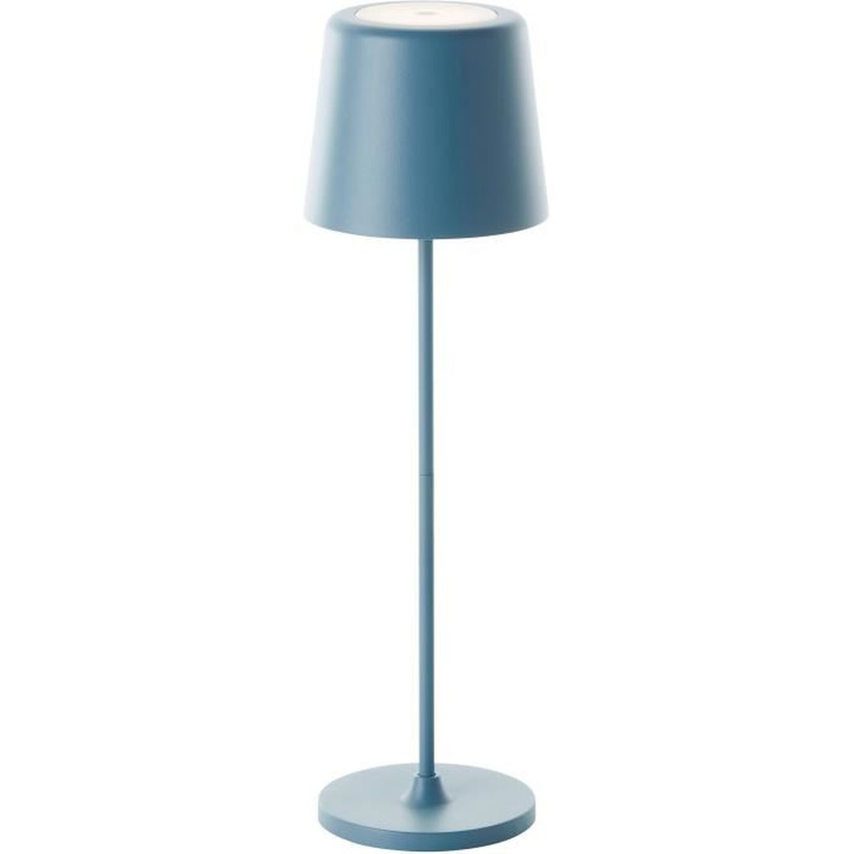 Eine blaue Stehlampe mit rundem Fuß und kegelförmigem Schirm.