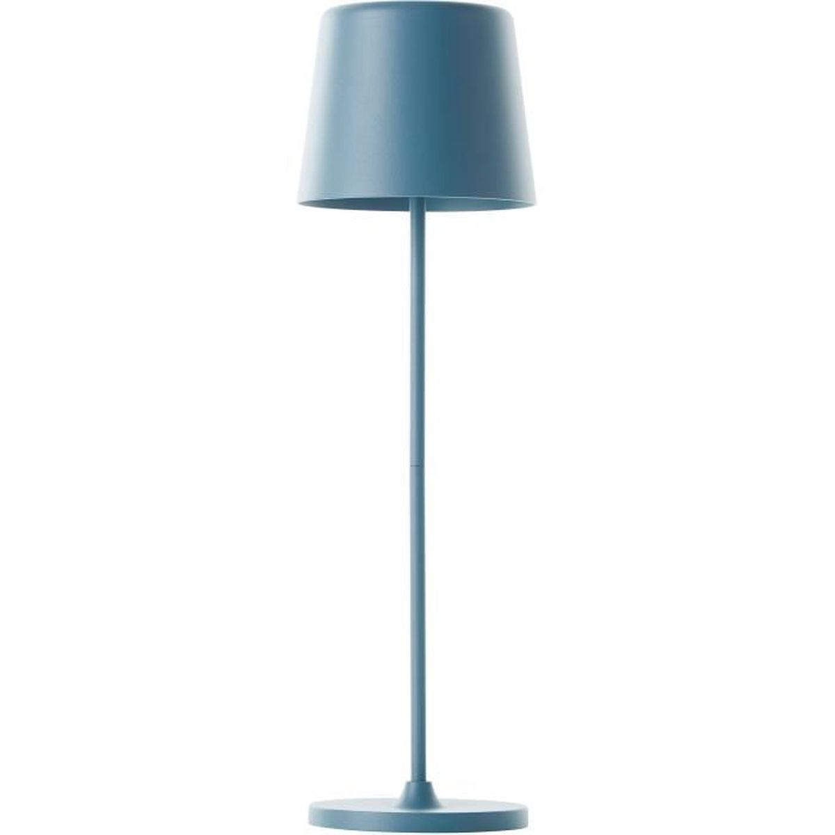 Eine blaue Stehlampe mit rundem Fuß und kegelförmigem Schirm.