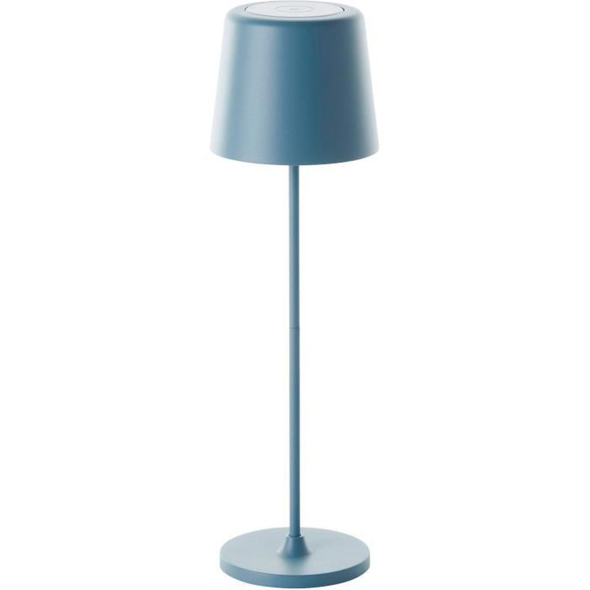 Eine blaue Lampe mit schmalem Stiel und rundem Fuß steht auf weißem Grund.