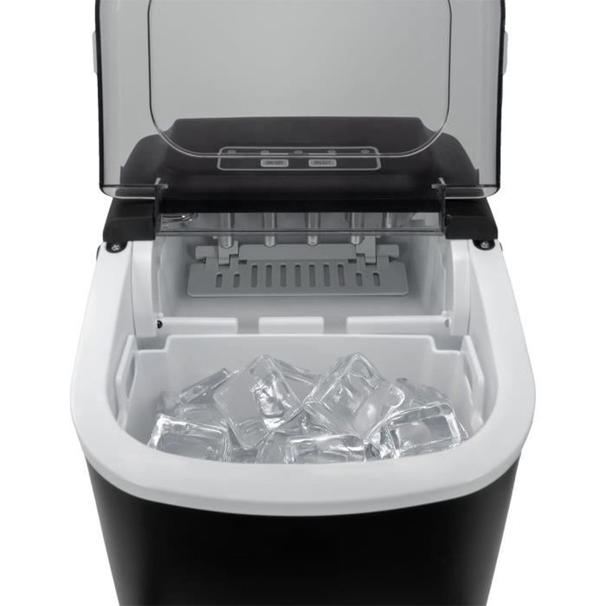 Eine tragbare Eismaschine mit offenem Deckel, gefüllt mit Eiswürfeln.