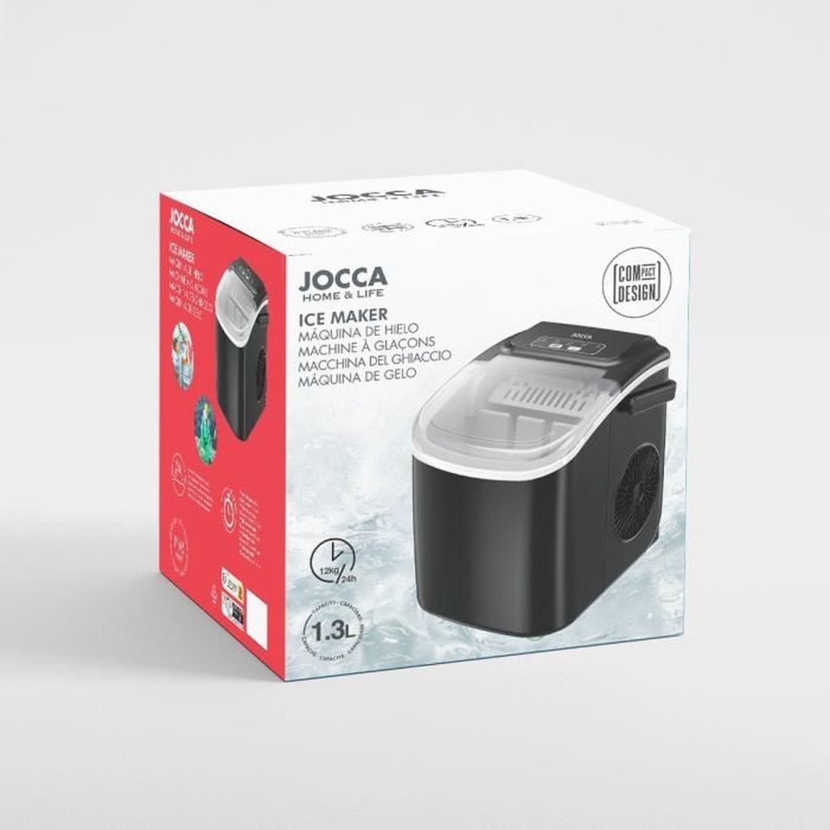 Eine schwarze Eismaschine mit durchsichtigem Deckel auf einer Verpackung.
