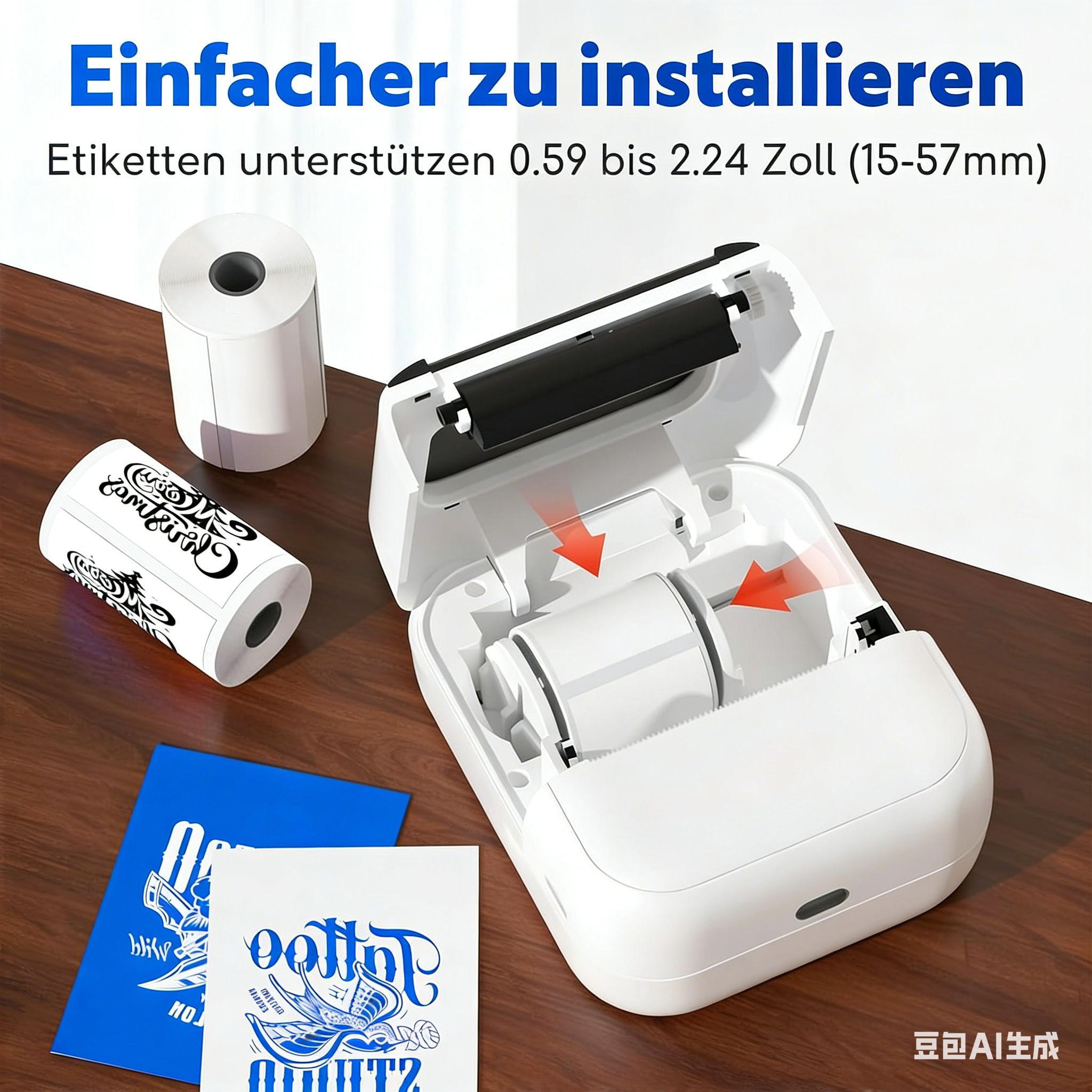 Ein weißer Etikettendrucker mit offenen Deckel, daneben Etikettenrollen und Aufkleber.