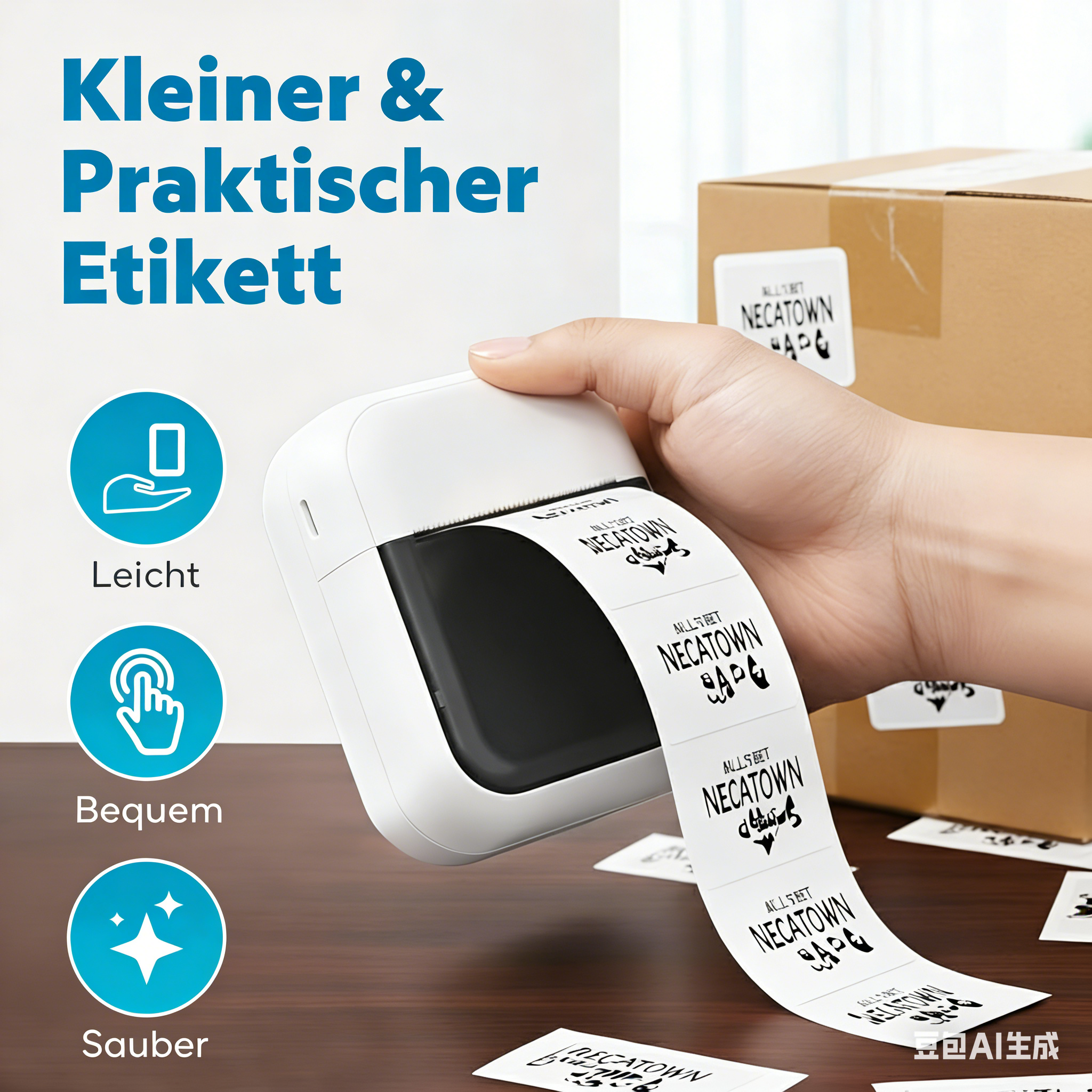 Ein kleiner weißer Etikettendrucker mit einem Band von Etiketten in der Hand.