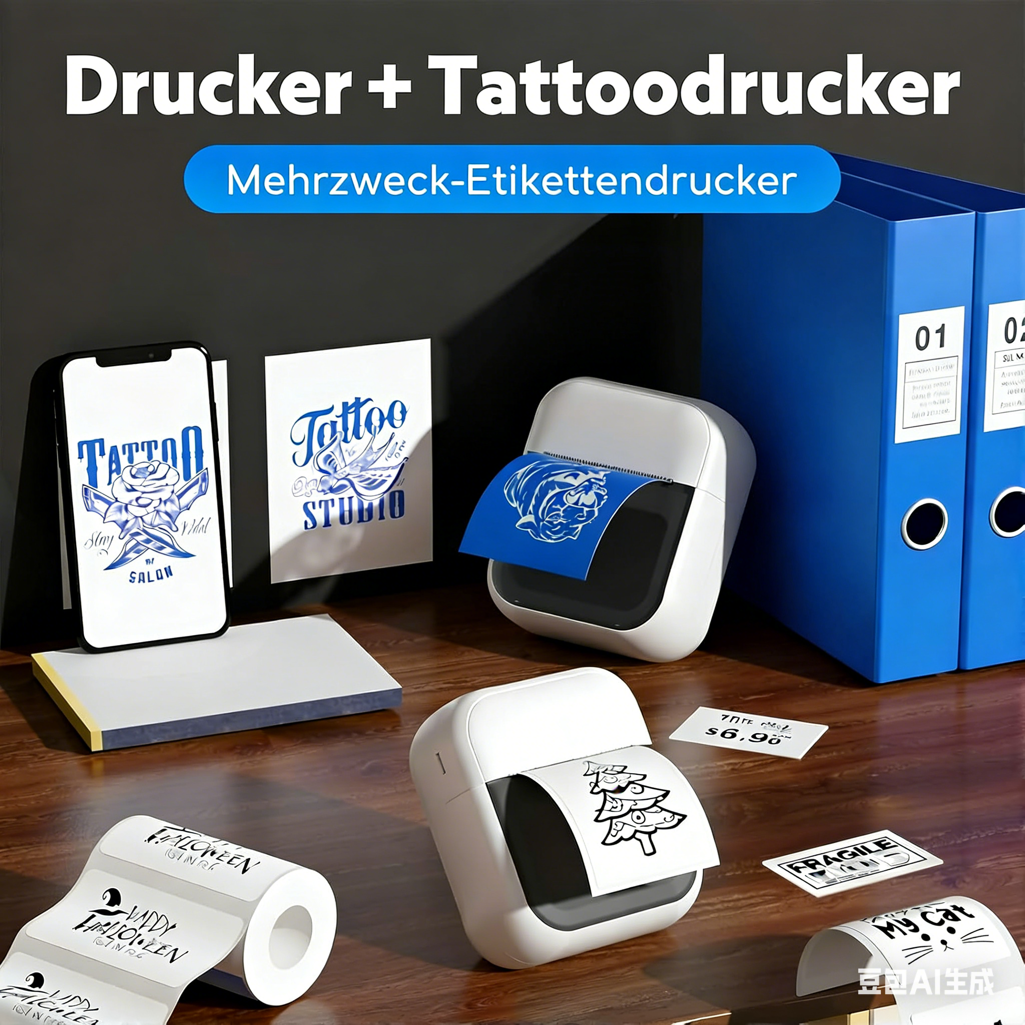 Ein Smartphone zeigt Tattoo-Design, daneben Drucker, Ordner und Etiketten.