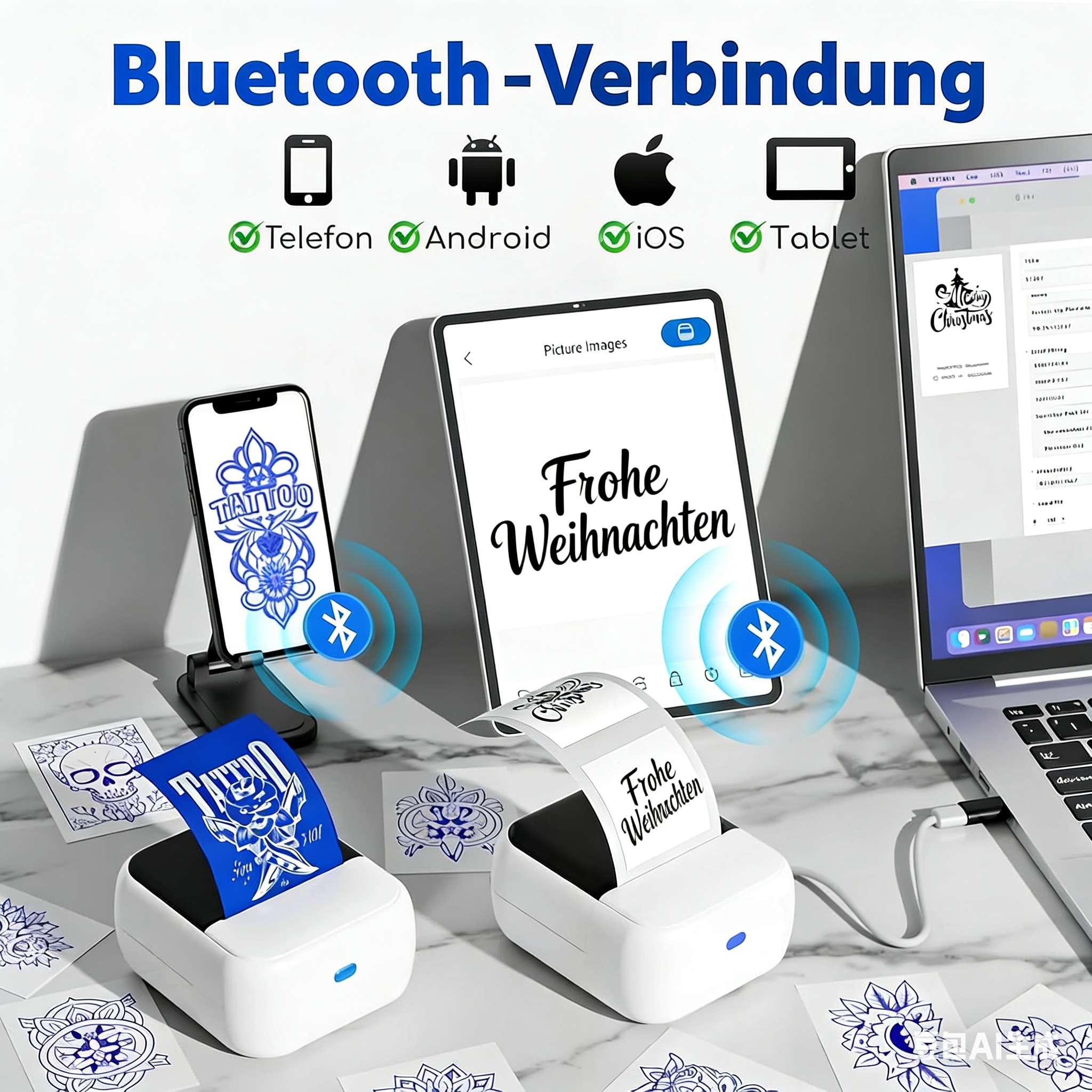 Bluetooth-Verbindung mit Handy, Tablet, Laptop. Kleine Drucker drucken Etiketten und Bilder.