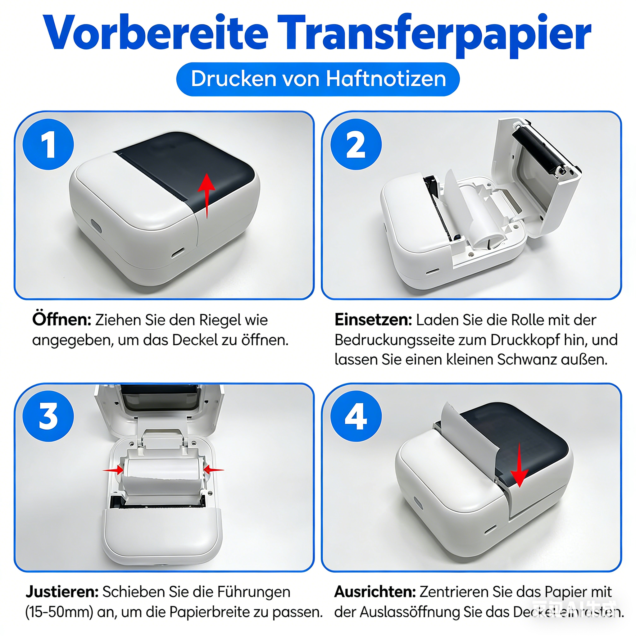 Anleitung zum Einlegen von Papier in einen Drucker in vier Schritten.
