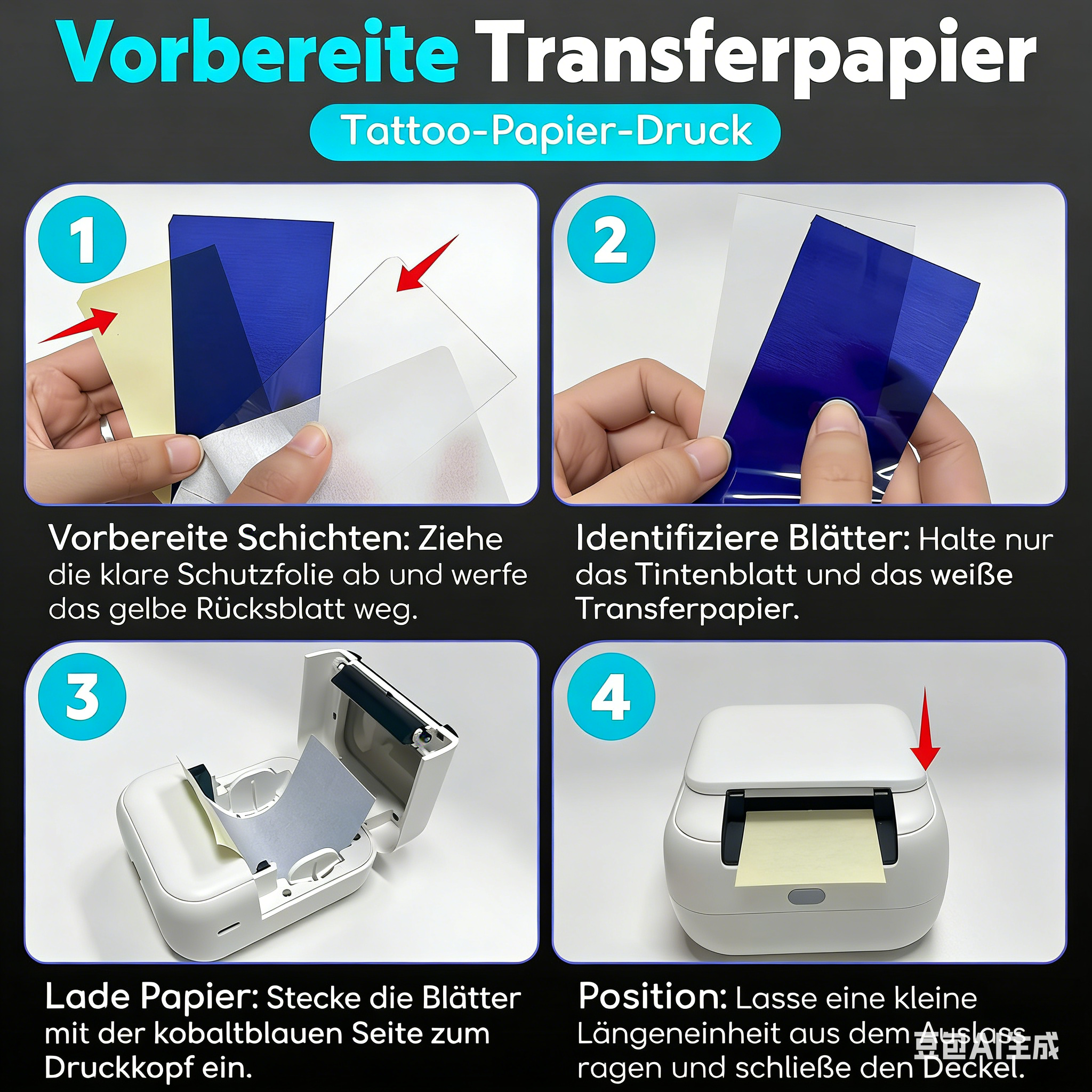 Schritt-für-Schritt-Anleitung zum Vorbereiten von Transferpapier für Tattoos.