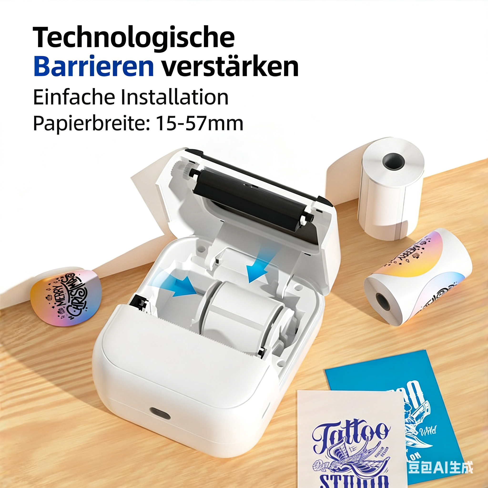 Ein weißer Drucker mit Papierrollen und Aufklebern auf einem Holztisch.