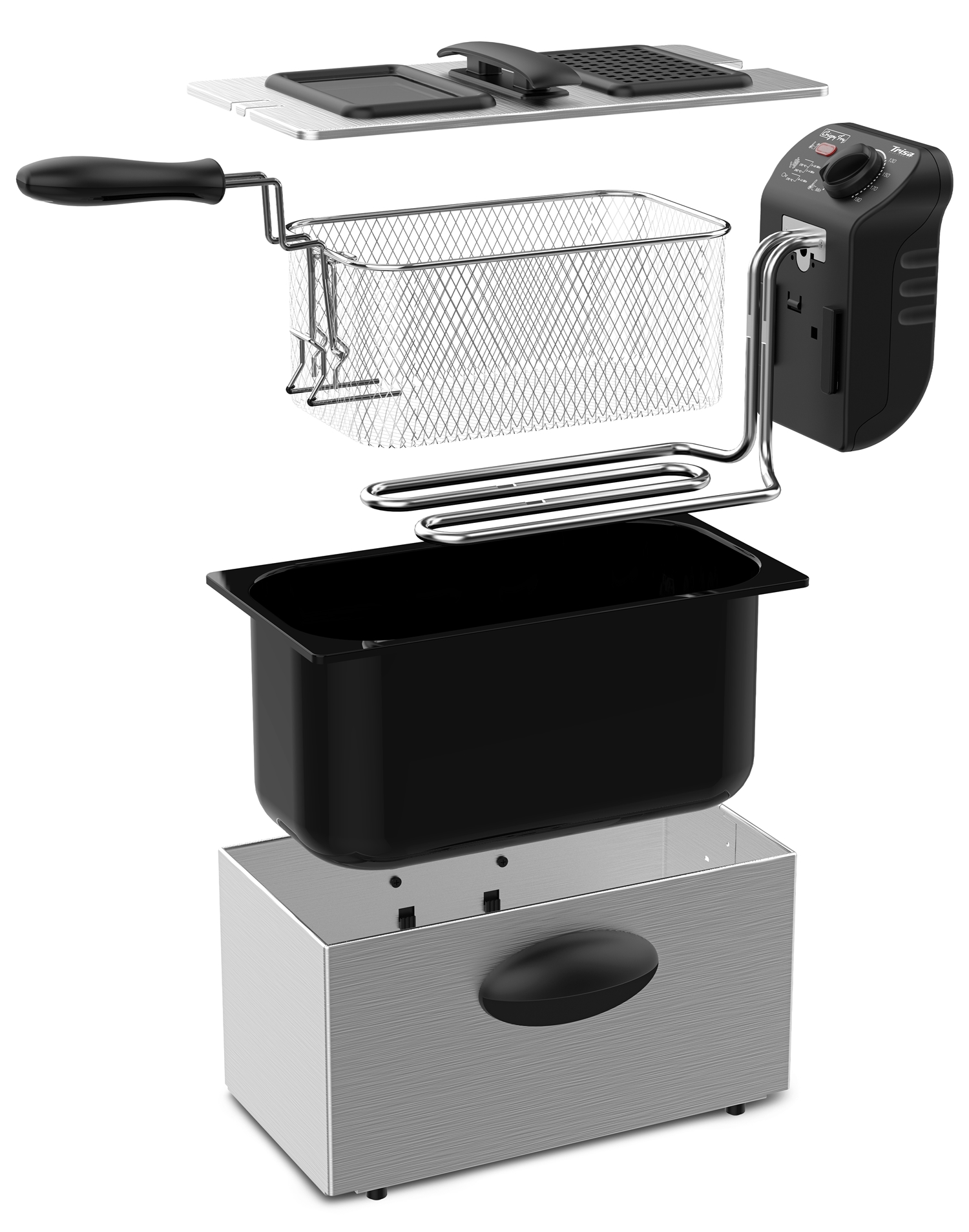 Zerlegte Fritteuse: Silberner Sockel, schwarzer Ölbehälter, Metallkorb, Heizelement und Deckel.