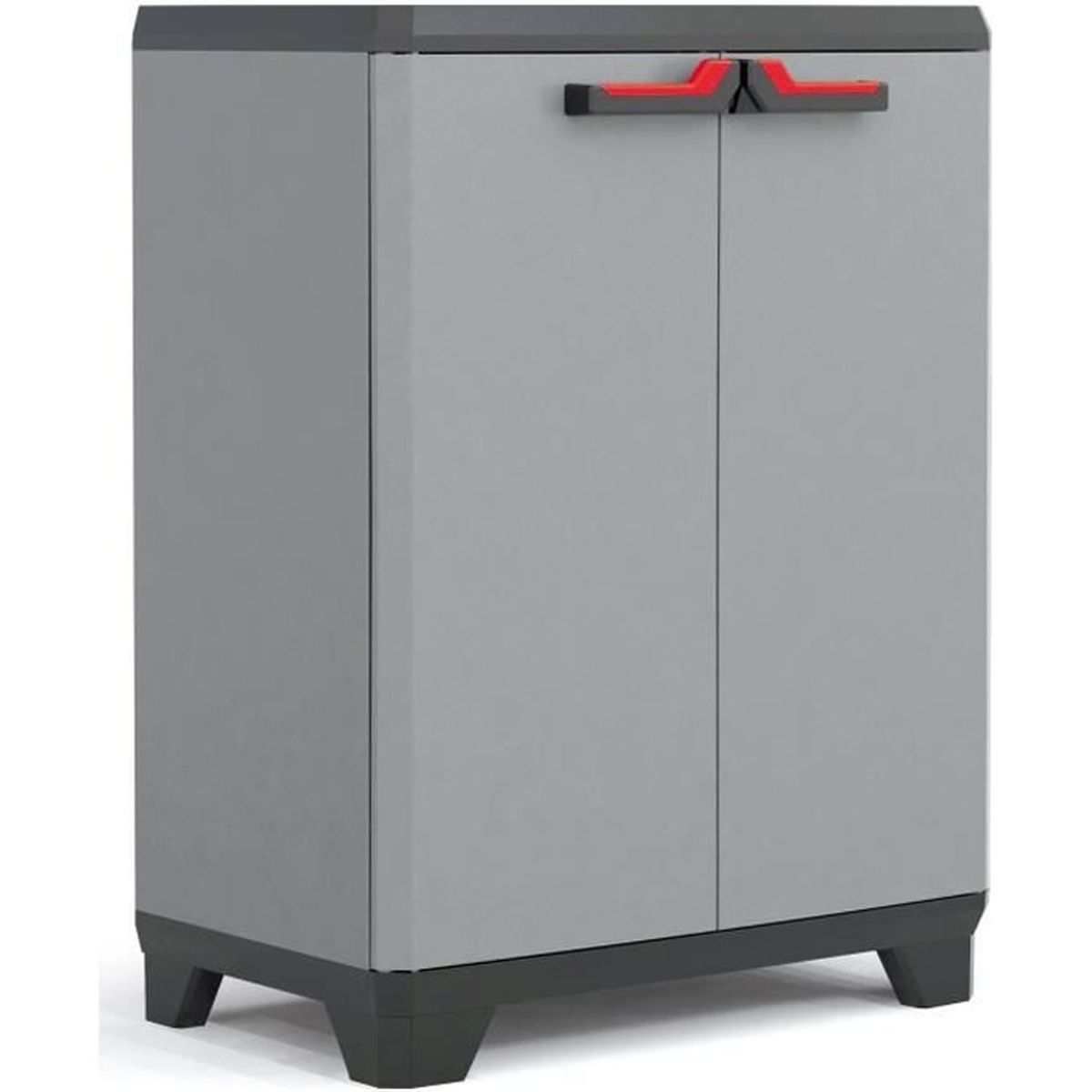 Graues Kunststoffschrank mit roten Griffen und dunklem Sockel.