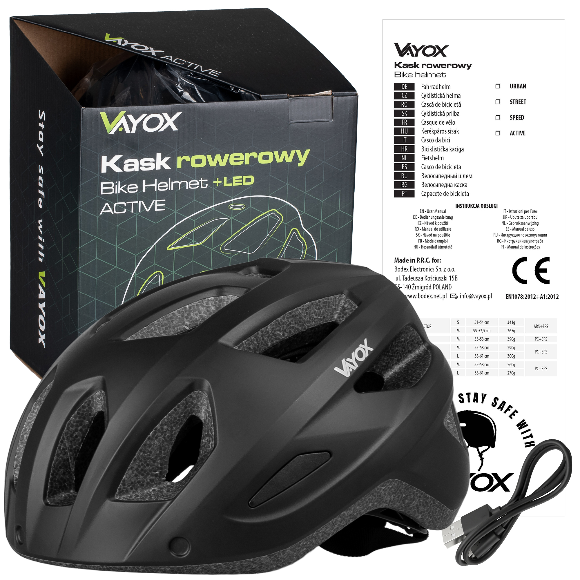 Czarny kask rowerowy Vayox z otworami wentylacyjnymi i kablem USB.