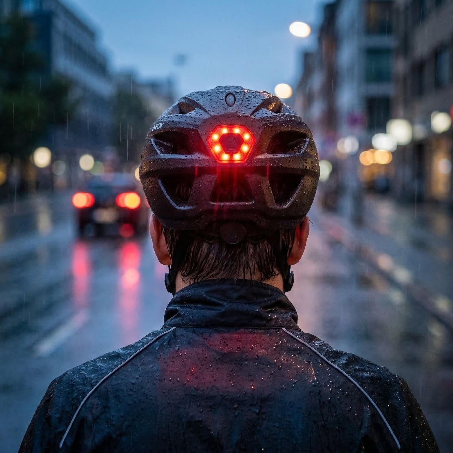 Kask rowerowy z czerwonym światłem tylnym, deszcz na ulicy, miasto o zmierzchu.