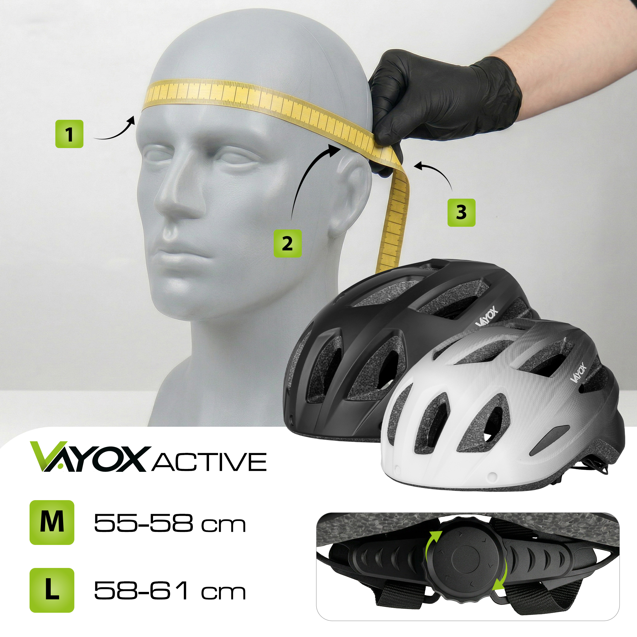 Głowa manekina z miarką, dwa kaski i tabela rozmiarów.