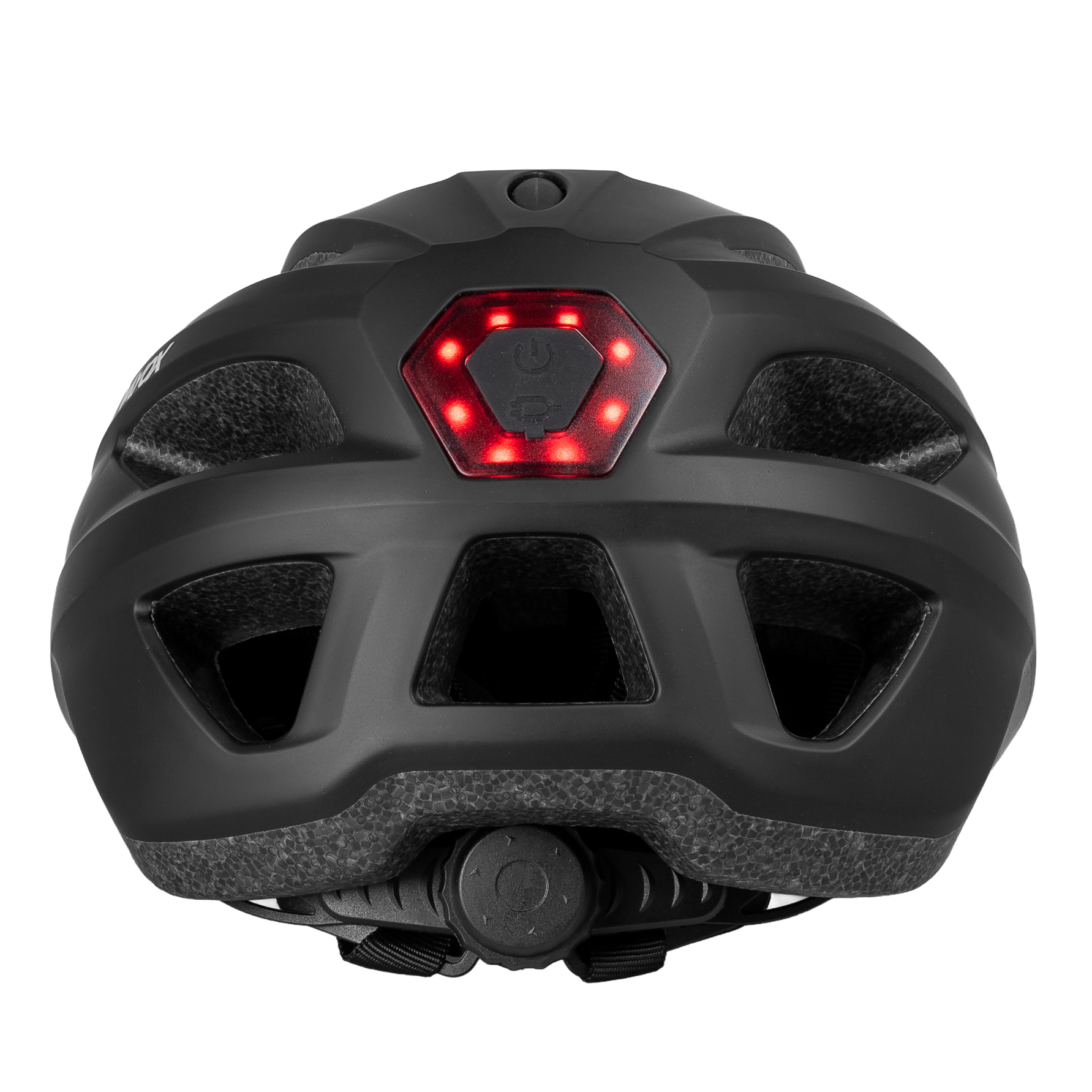 Czarny kask rowerowy z czerwonym tylnym światłem LED i otworami wentylacyjnymi.