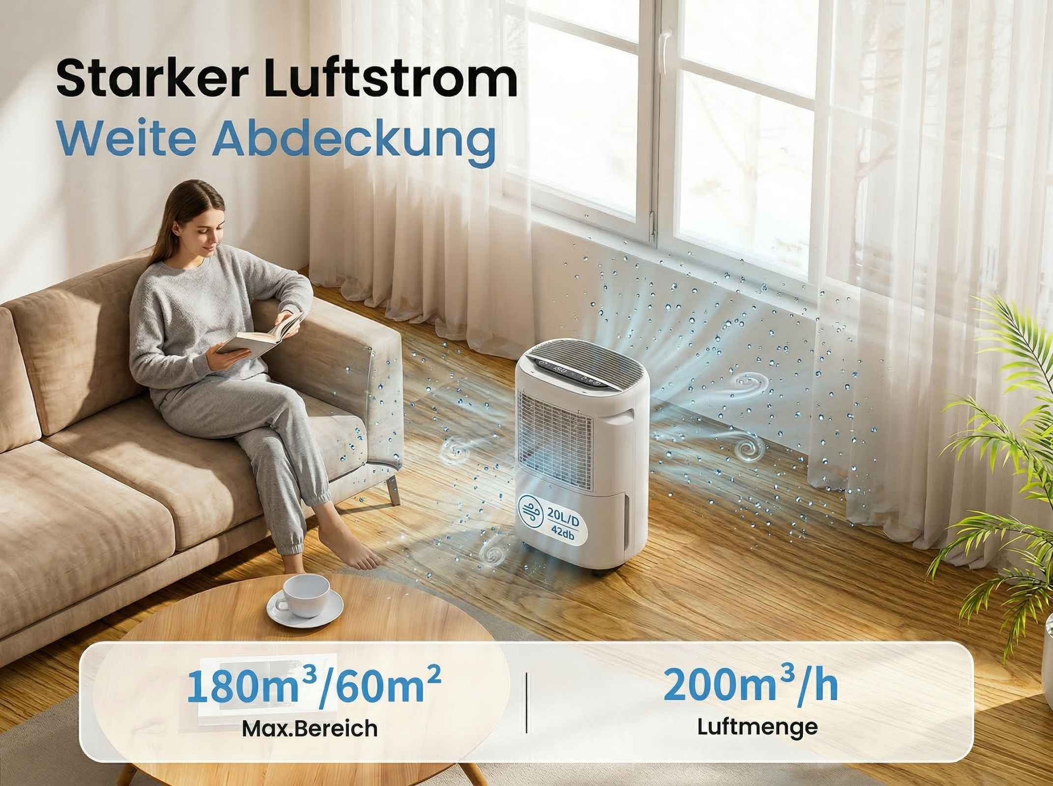 Frau liest auf Sofa, Luftentfeuchter im Raum mit Wasserpartikeln.