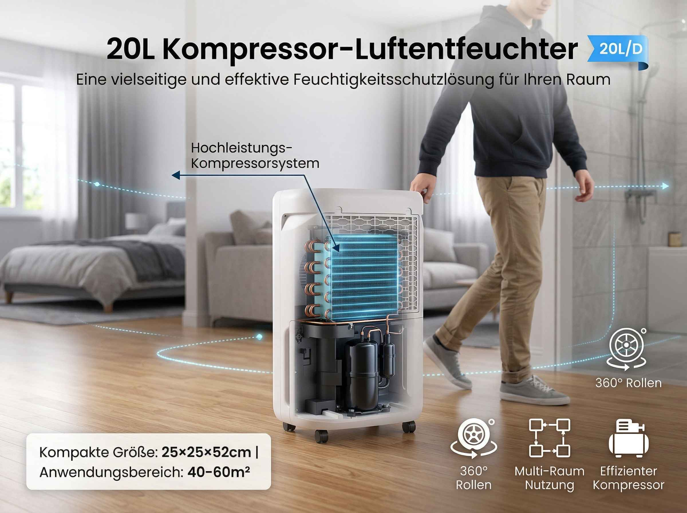 Ein Mann schiebt einen weißen Luftentfeuchter mit Kompressor in einem Raum.