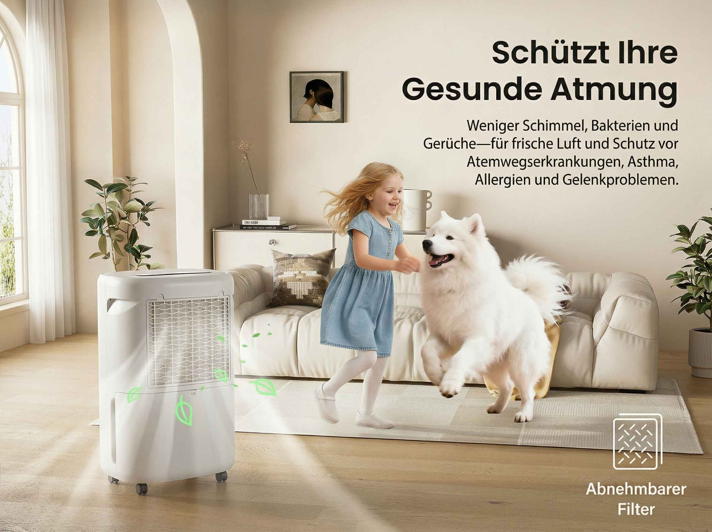 Mädchen und Hund spielen neben Luftreiniger mit Text.