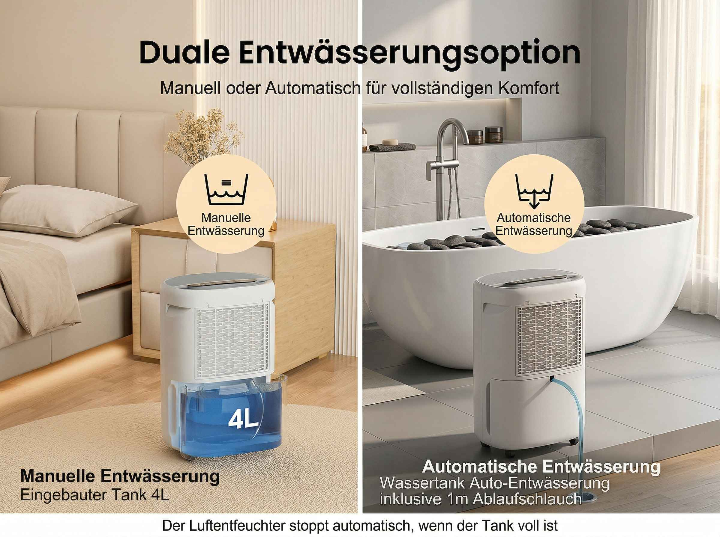 Luftentfeuchter mit manueller und automatischer Entwässerung: Tank und Schlauch.