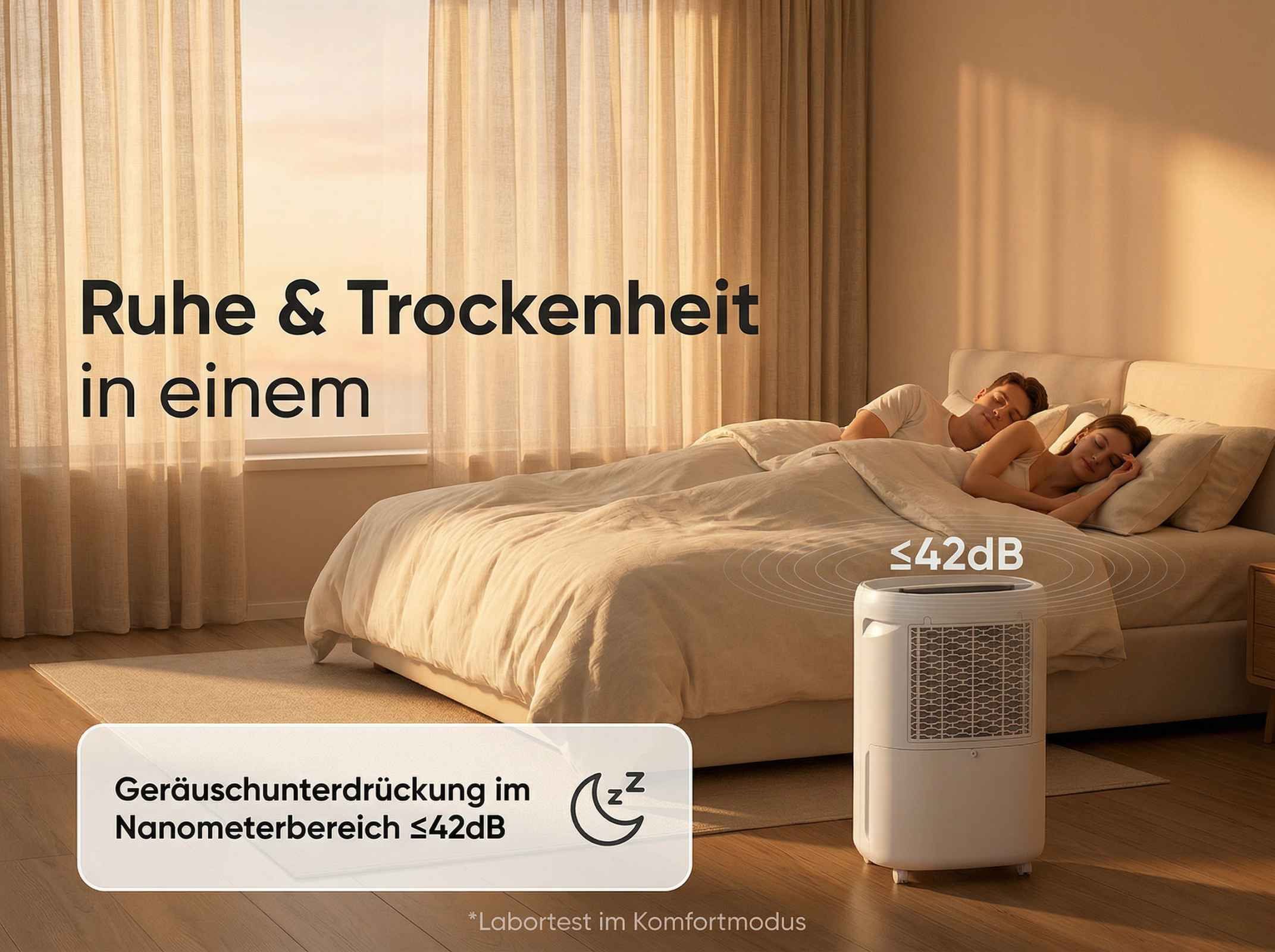 Ein Schlafzimmer mit einem Paar, das ruhig schläft. Ein Luftentfeuchter steht daneben.