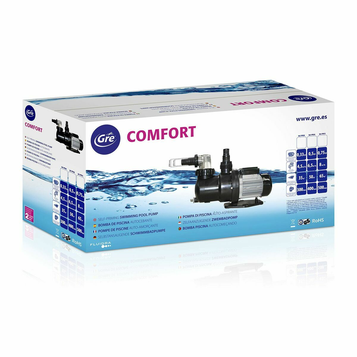 Scatola pompa piscina Gre Comfort con pompa e specifiche tecniche.