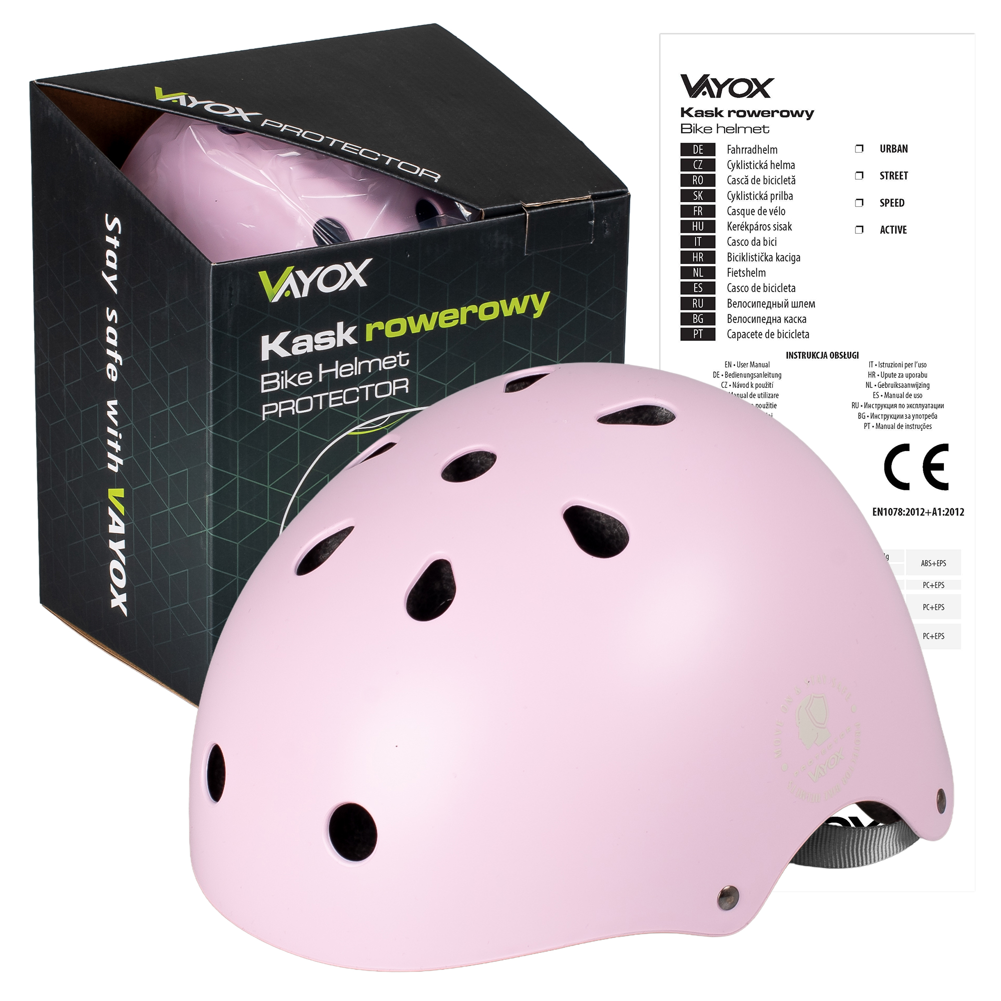 Różowy kask rowerowy VAYOX z czarnymi otworami wentylacyjnymi, w czarnym pudełku.