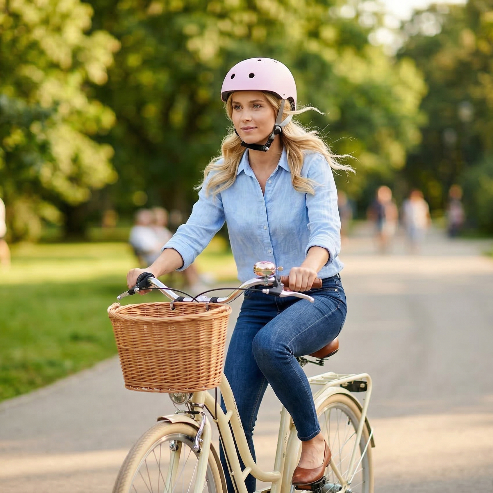 Kobieta w różowym kasku jedzie rowerem ścieżką w parku.