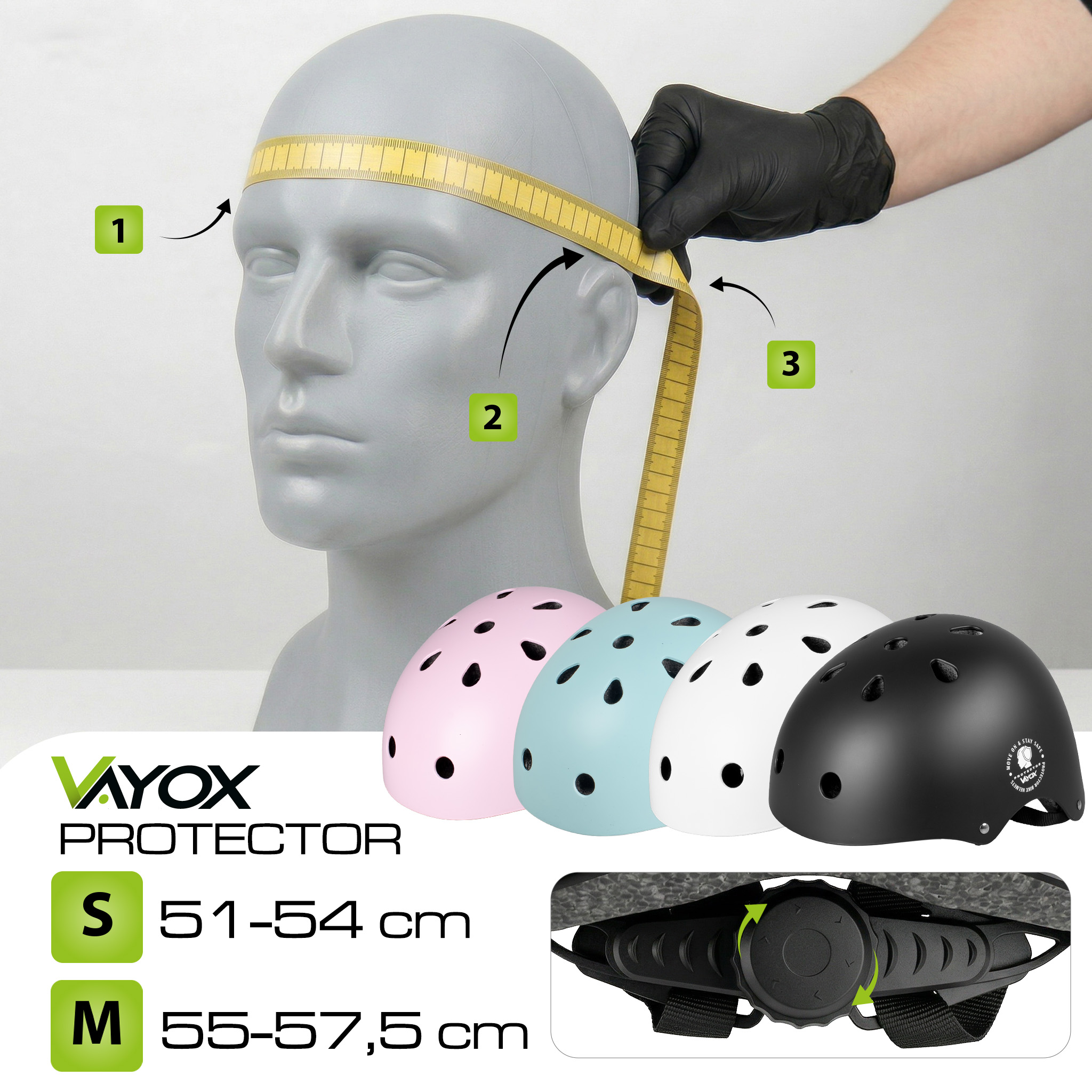 Głowa manekina jest mierzona taśmą mierniczą. Kaski w kolorach różowym, niebieskim, białym i czarnym.