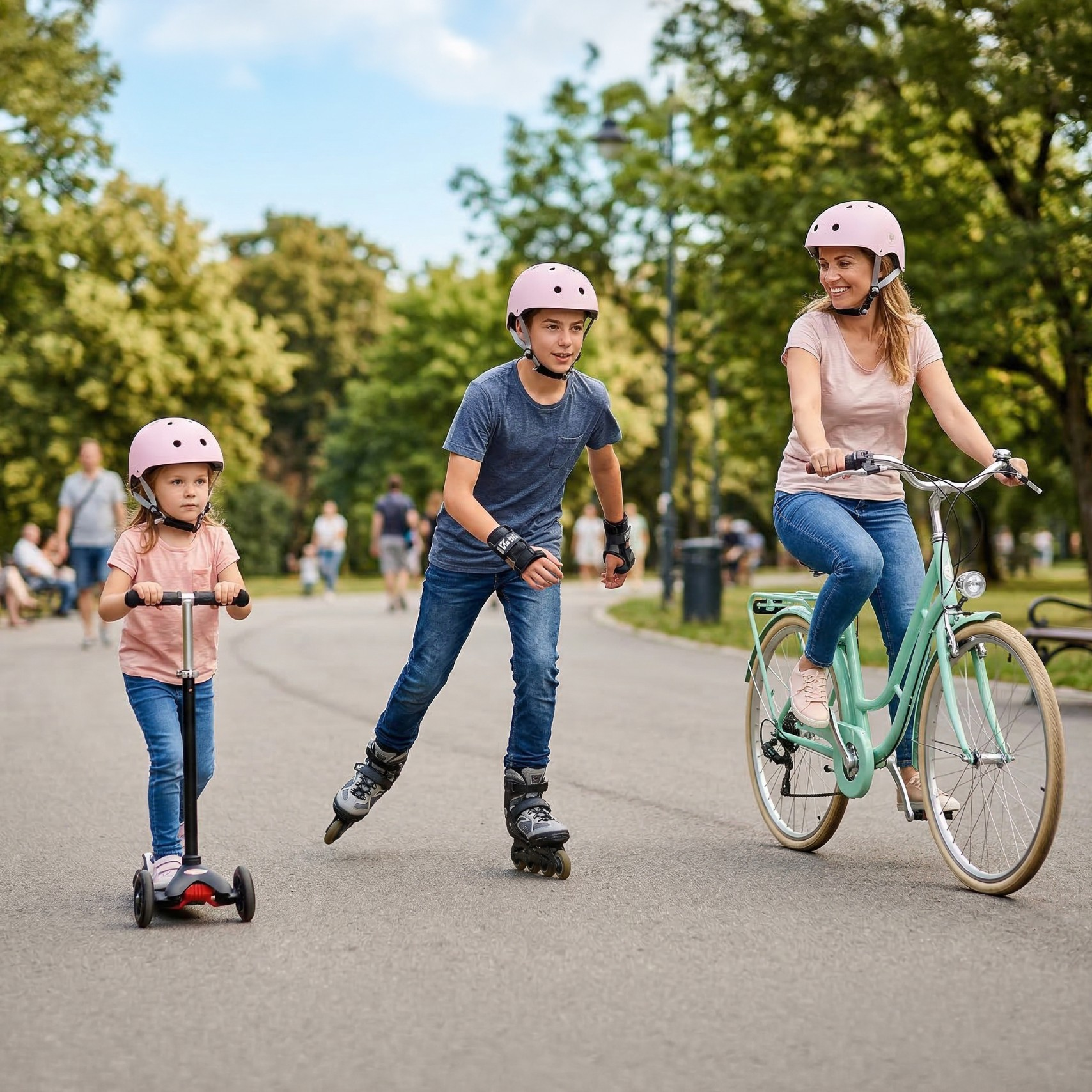 Rodzina w parku: matka jedzie na rowerze, syn na rolkach, córka na hulajnodze.