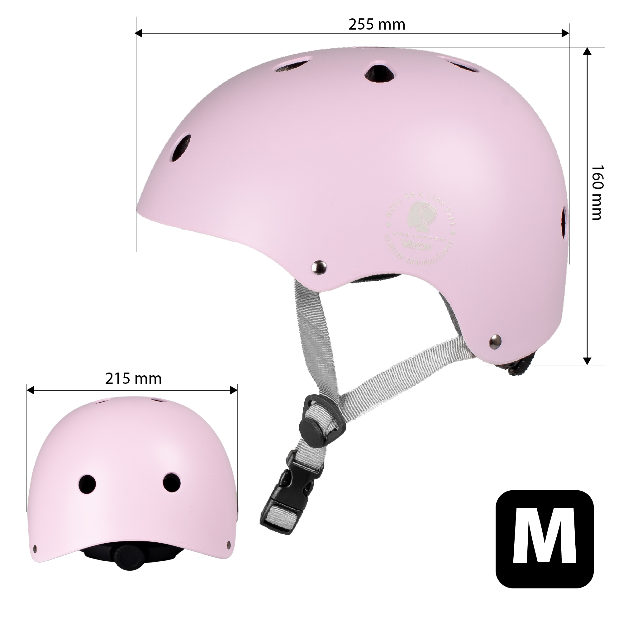 Różowy kask z otworami wentylacyjnymi i paskami. Wskazano rozmiar M.