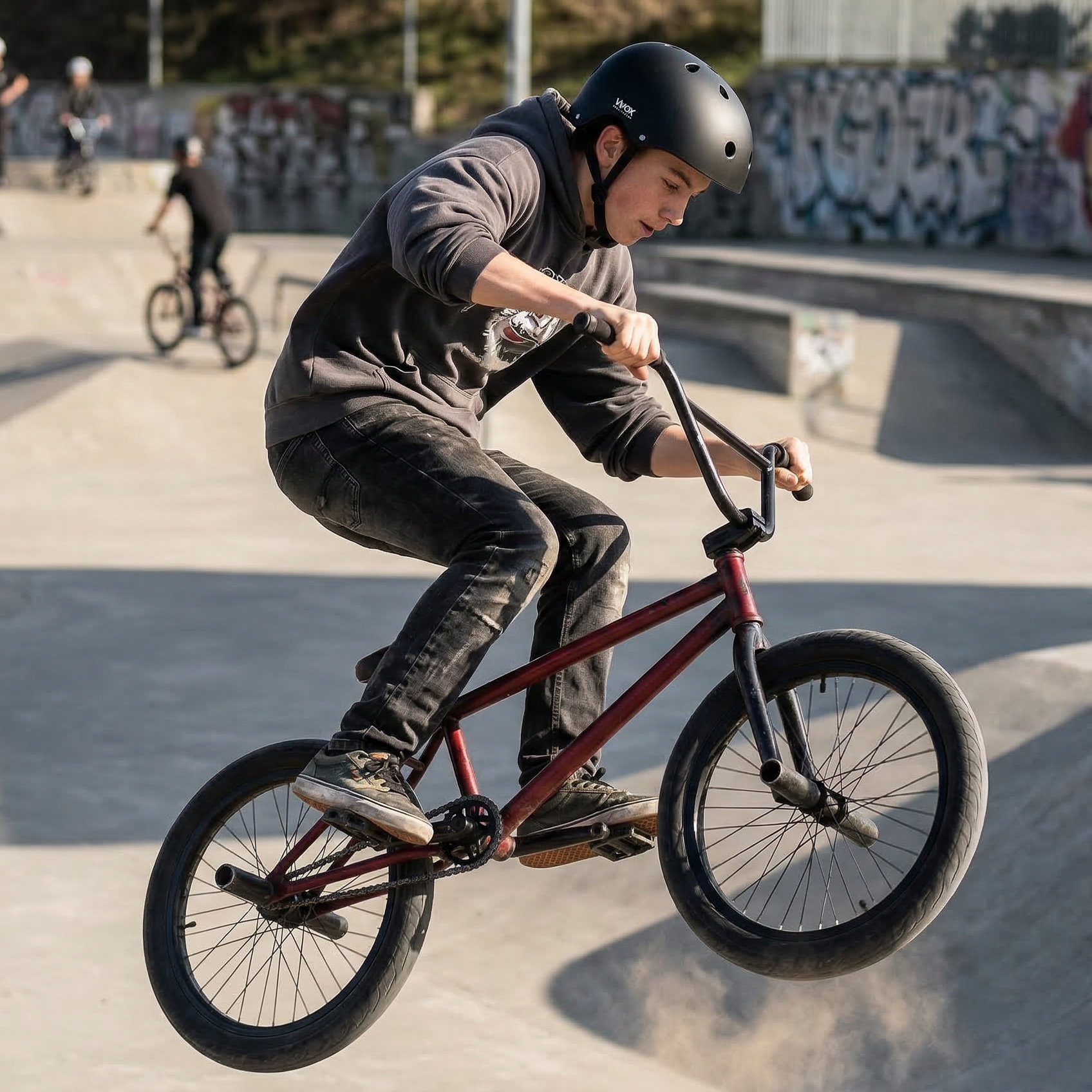 Chłopiec w kasku jeździ na BMX-ie w skateparku, wykonując skok.