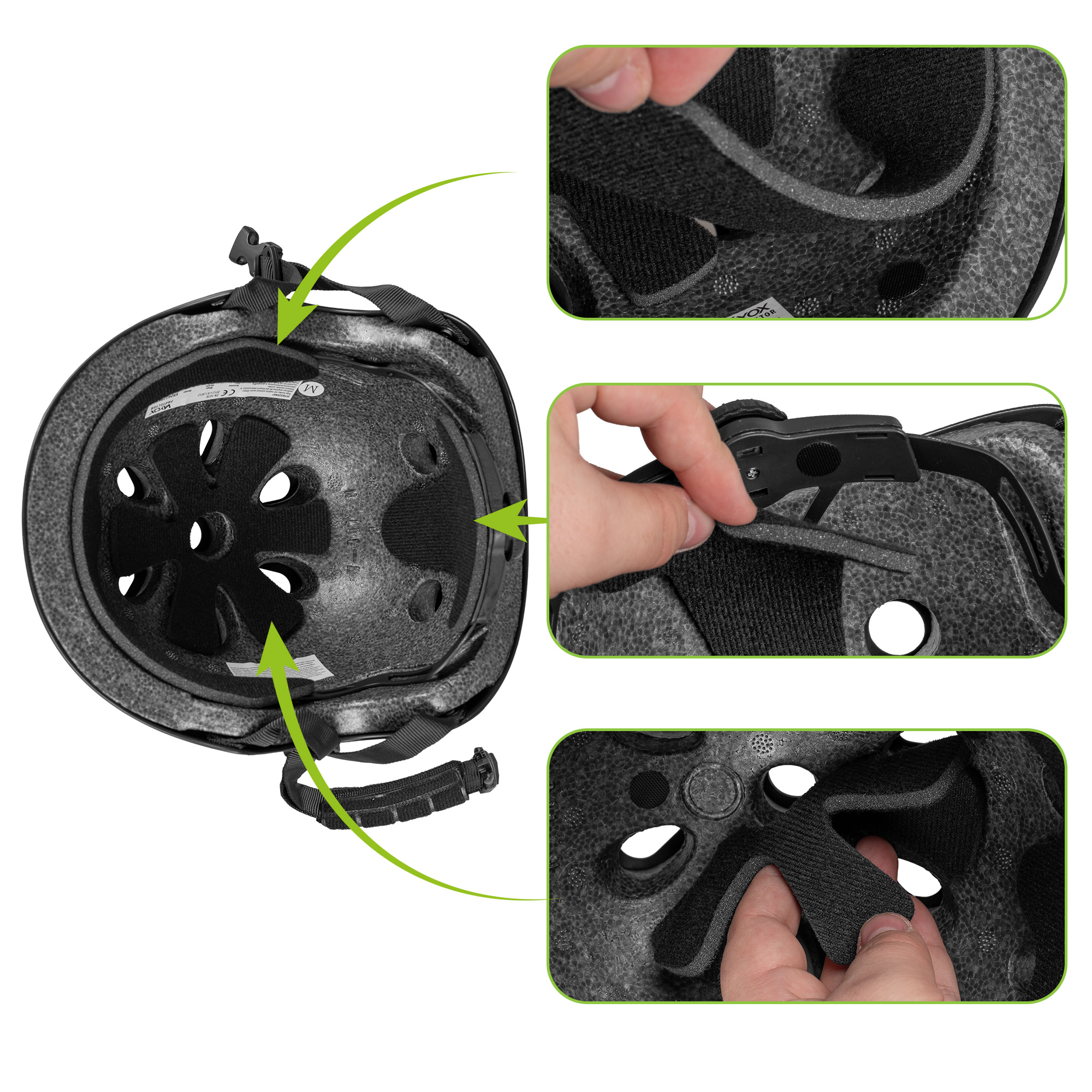 Wnętrze czarnego kasku z wyściółką i paskami. Detale pokazują regulację.