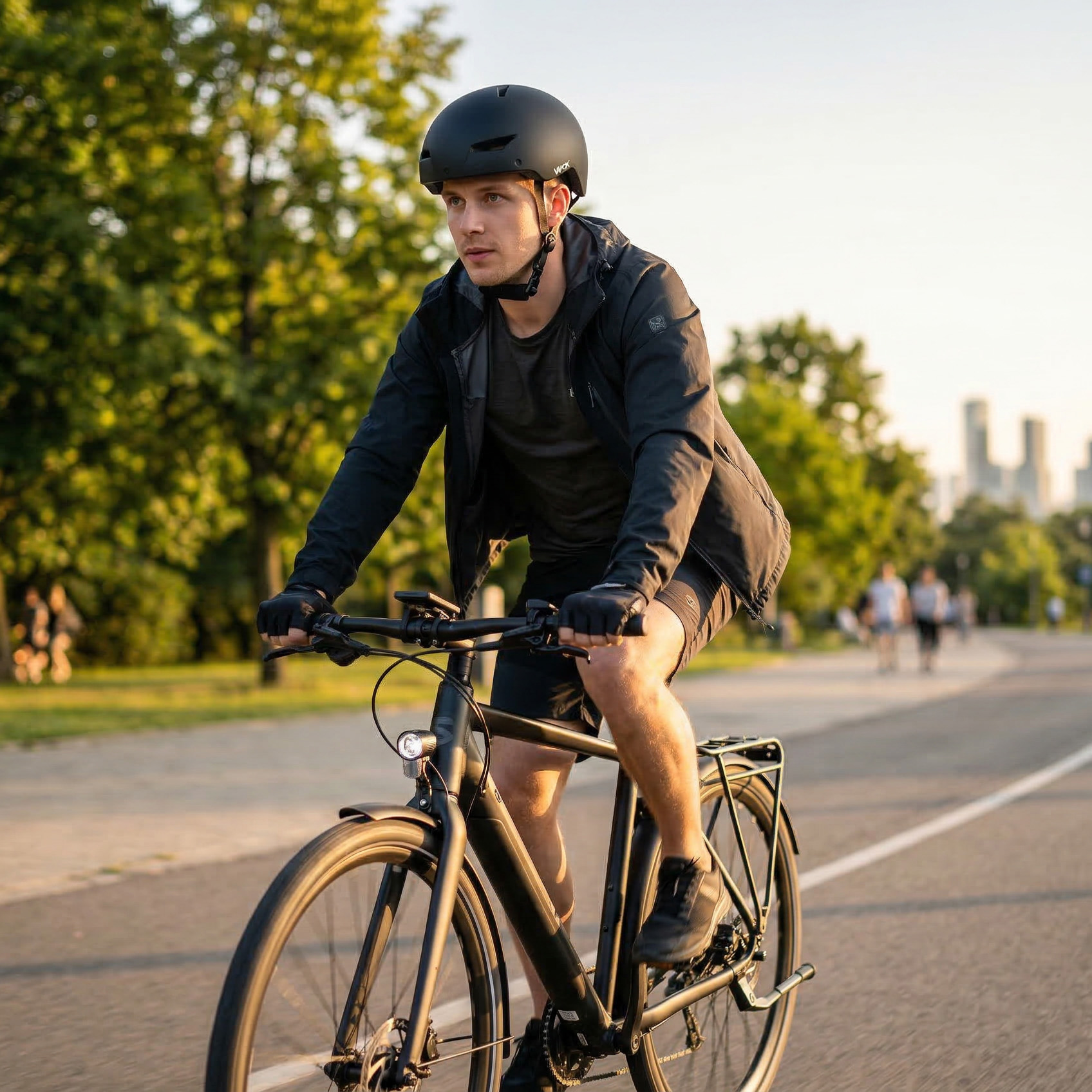 Mężczyzna w kasku jedzie rowerem po parkowej drodze o zachodzie słońca.
