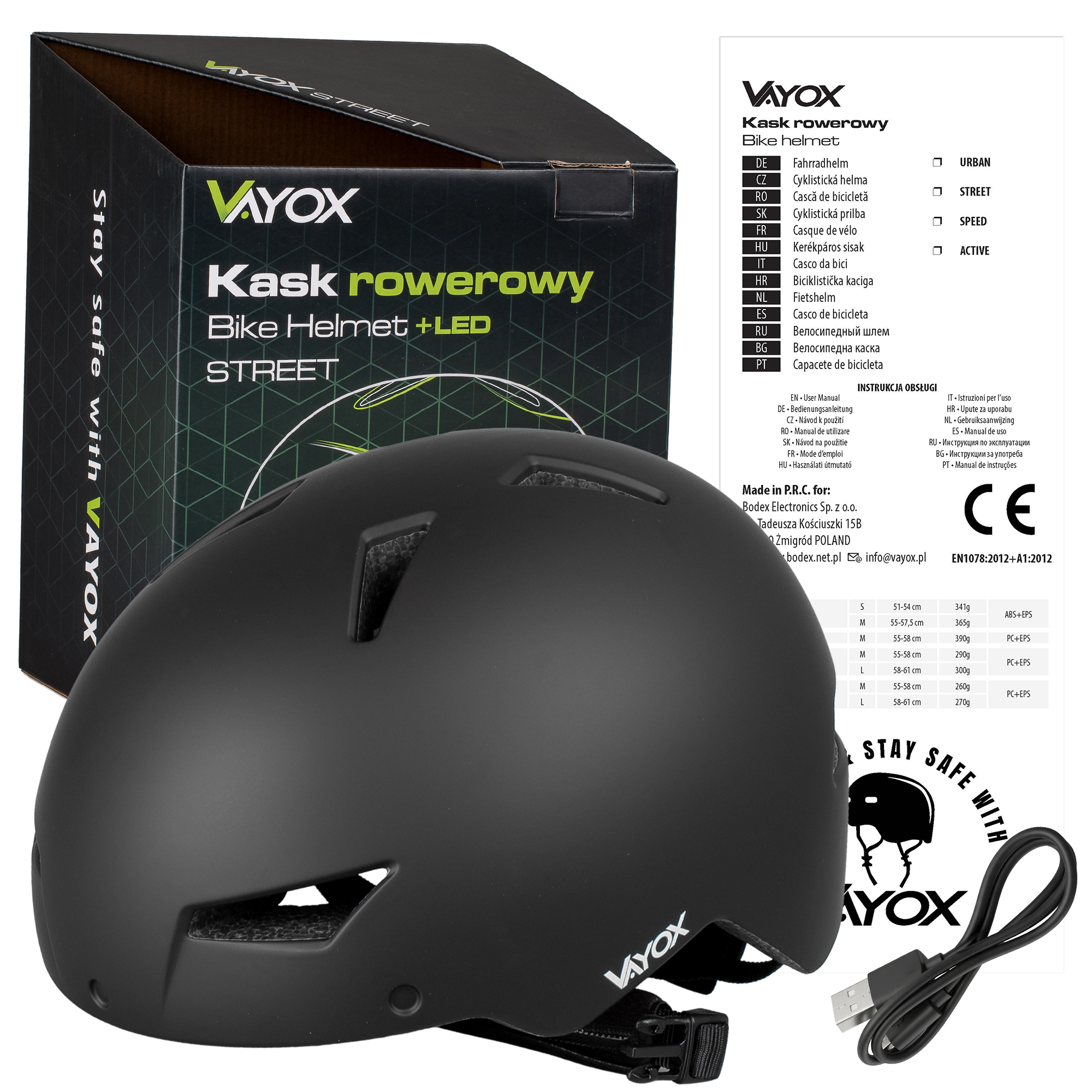 Czarny kask rowerowy Vayox z logo, pudełkiem i kablem USB.