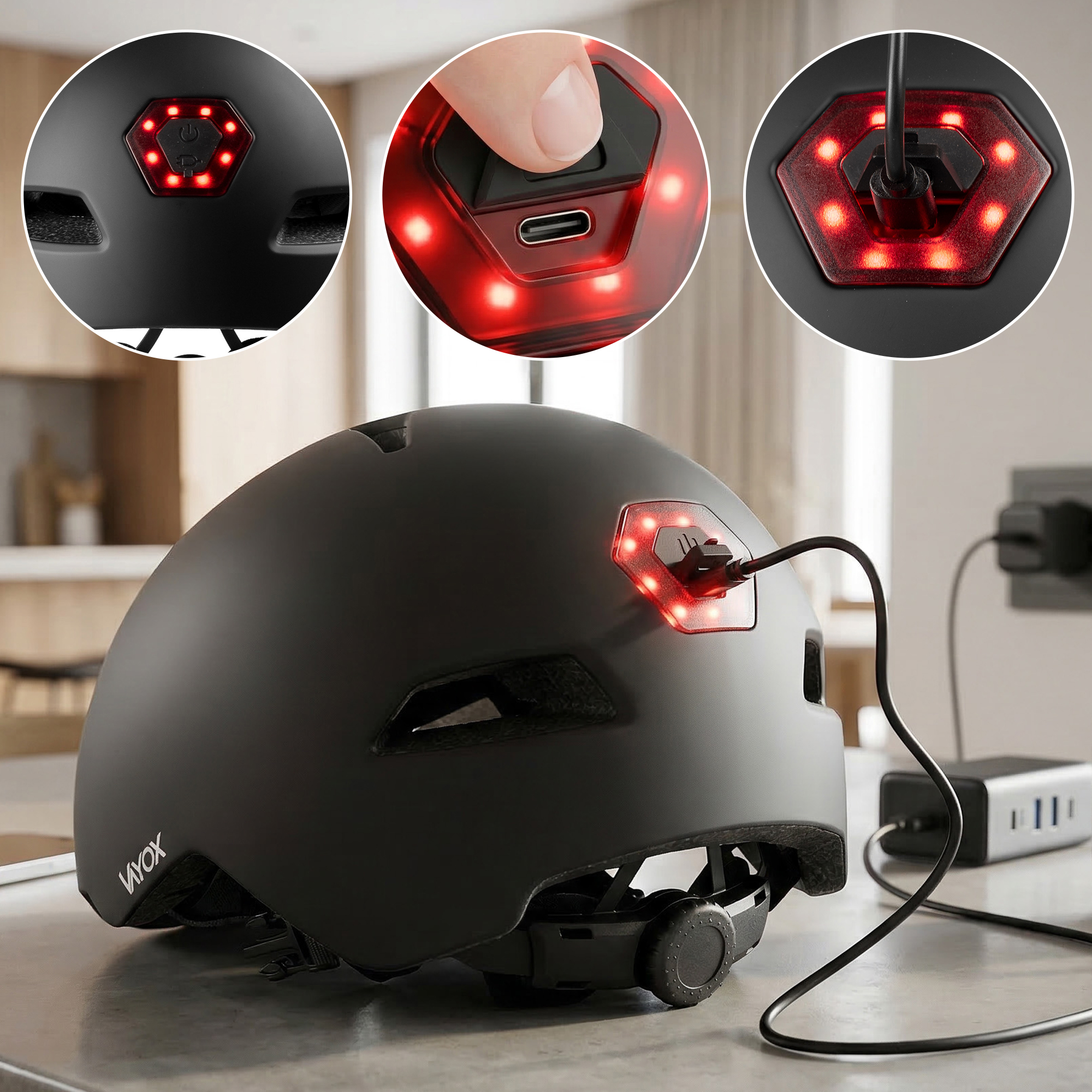 Czarny kask Vvox ładuje się przez USB-C, czerwone światło z tyłu.