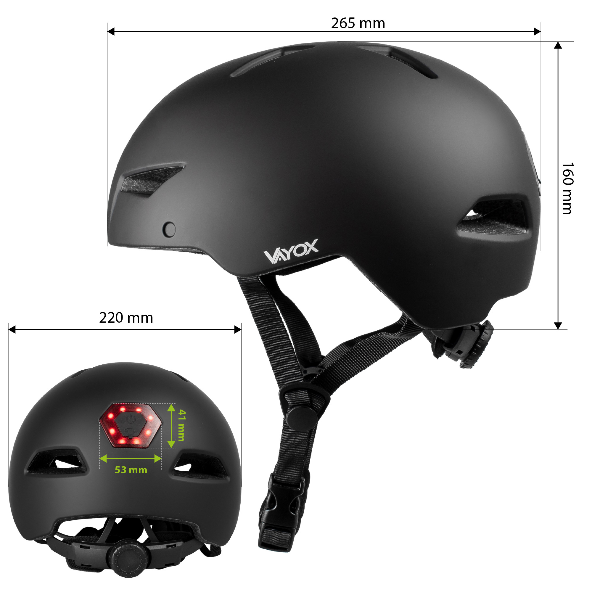 Czarny kask rowerowy z czerwonym światłem tylnym i oznaczeniami wymiarów.