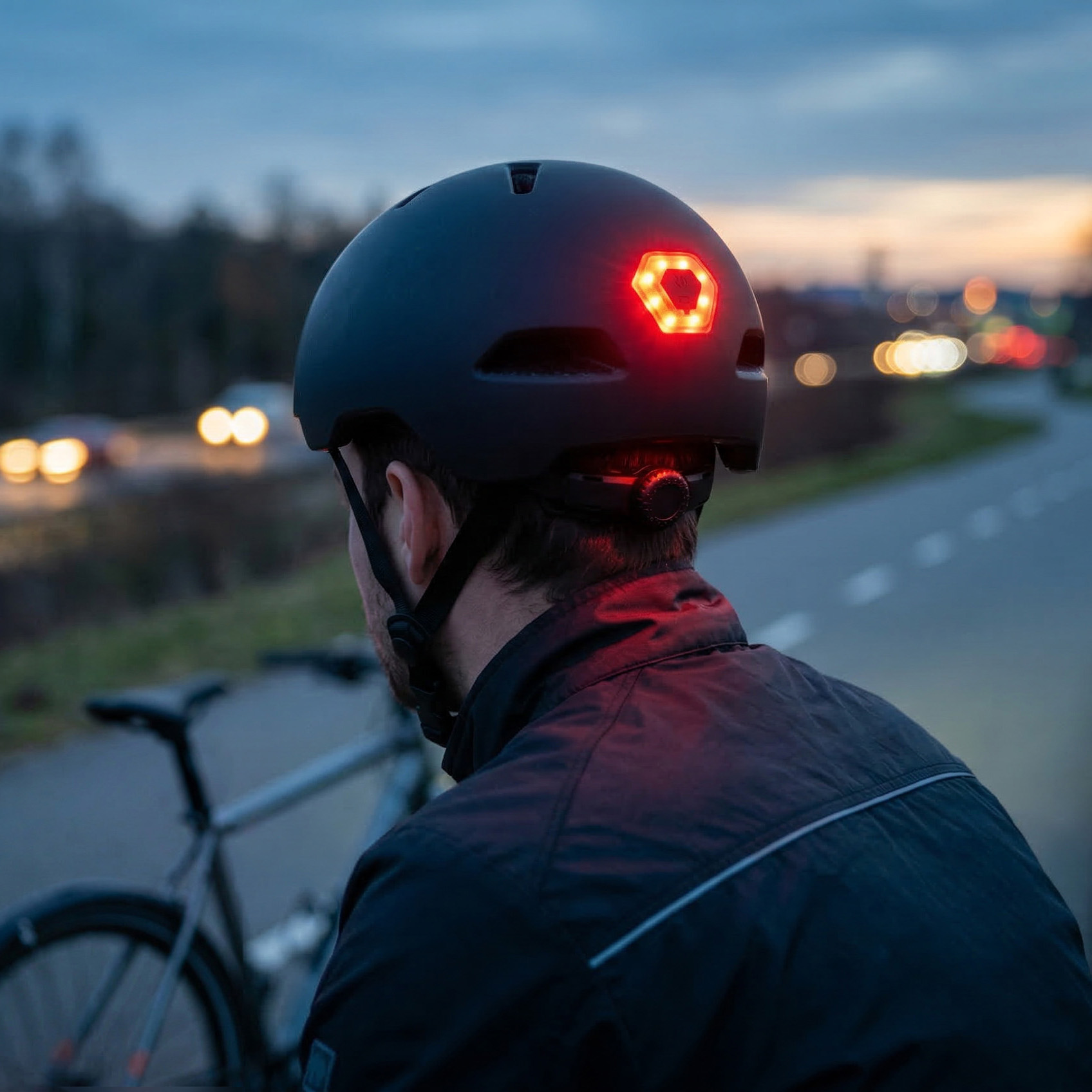 Czarny kask rowerowy z czerwonym światłem tylnym, noszony przez mężczyznę.