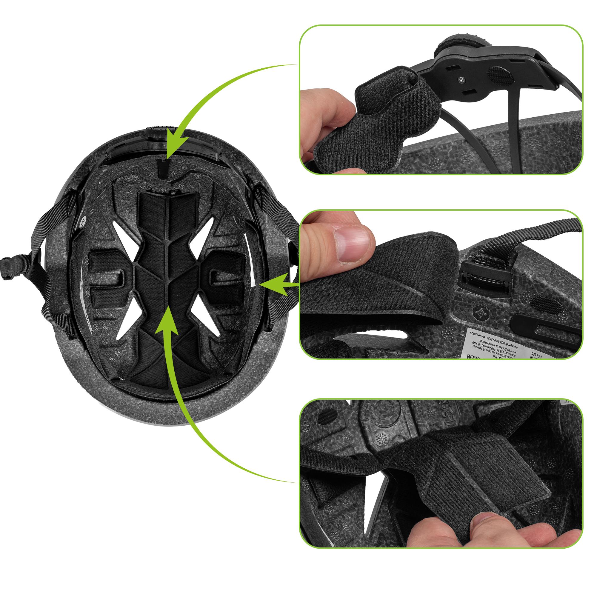 Widok wewnętrzny czarnego kasku z regulowanymi paskami i wyściółką.