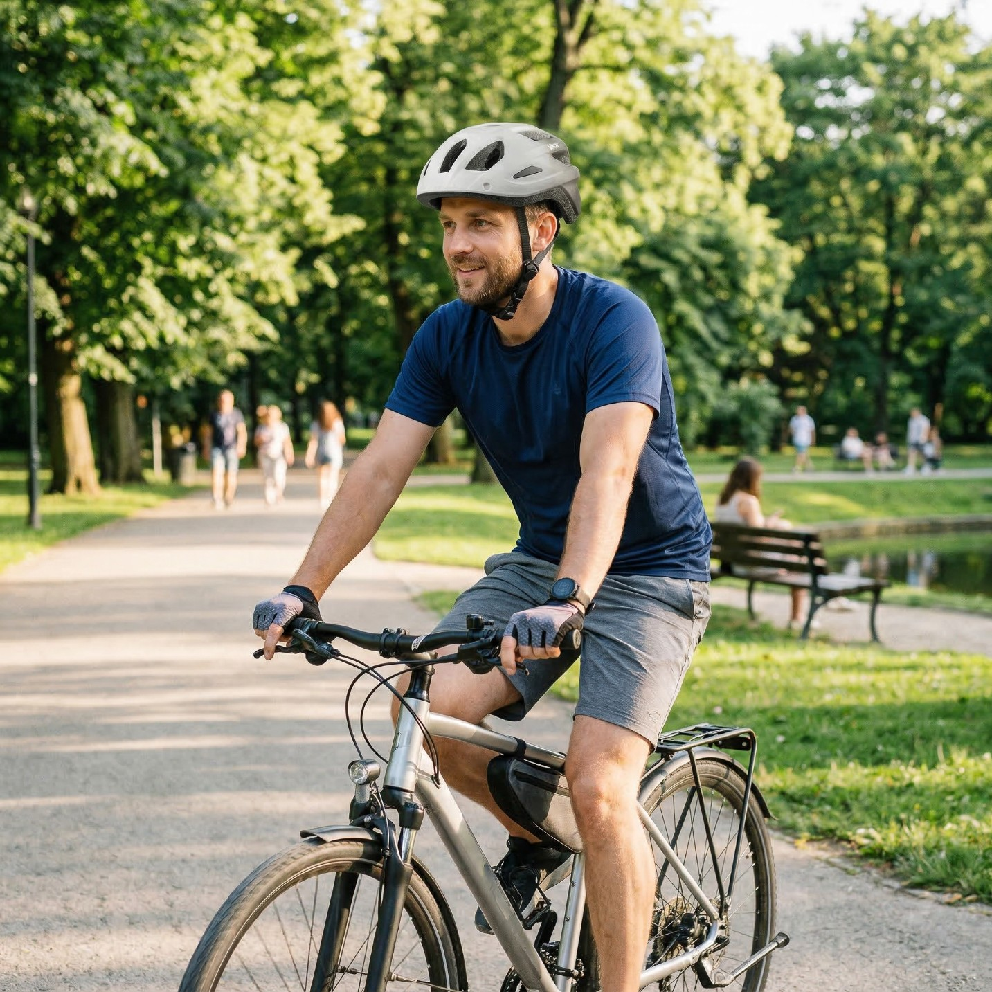 Mężczyzna w kasku jedzie rowerem po ścieżce parkowej z drzewami i ludźmi.