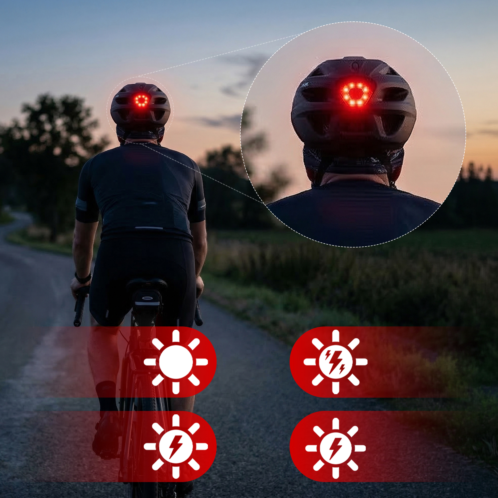 Kolarz o zmierzchu z podświetlanym światłem kasku i ikonami ostrzegawczymi.