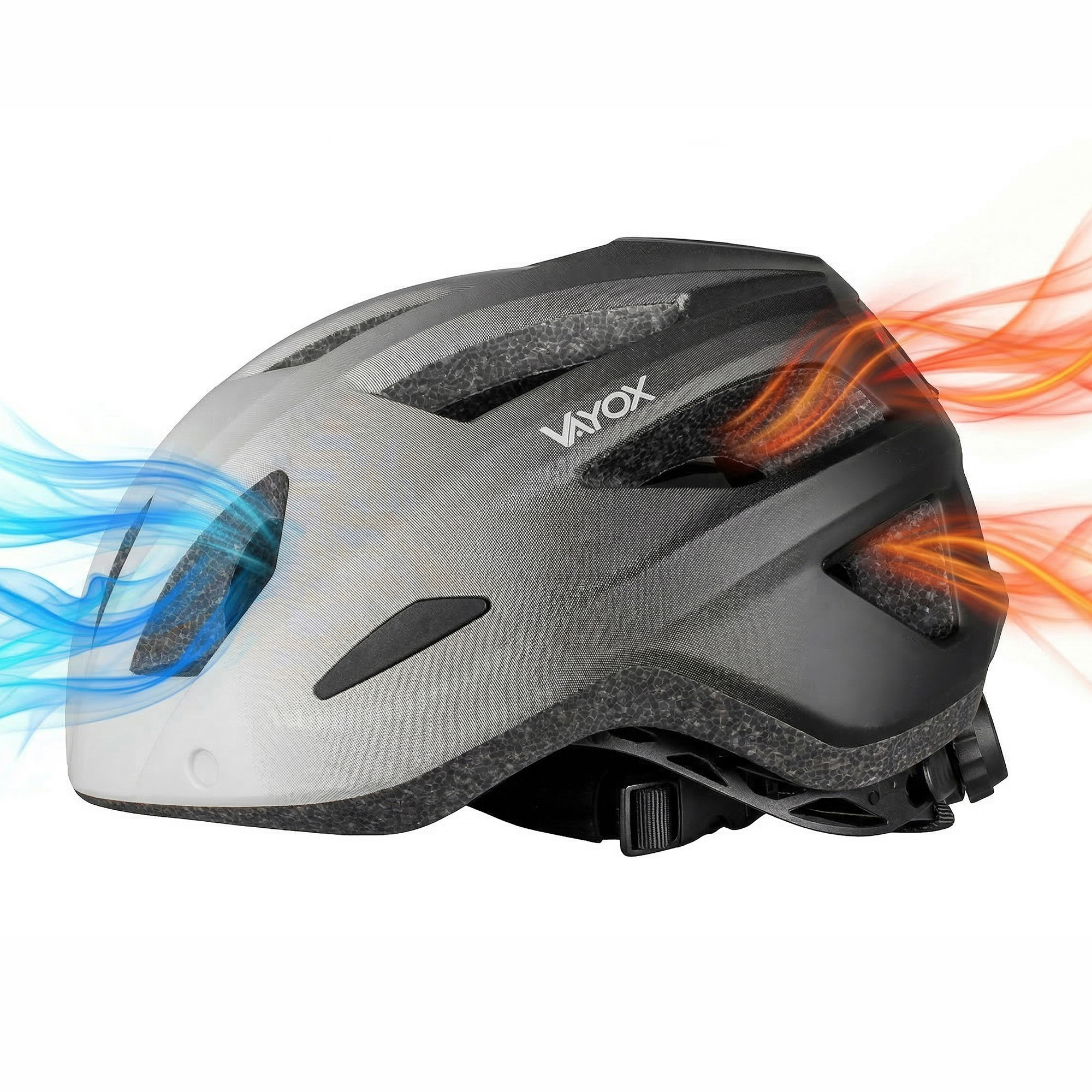 Szary kask rowerowy z logo VAYOX, pokazujący przepływ powietrza.